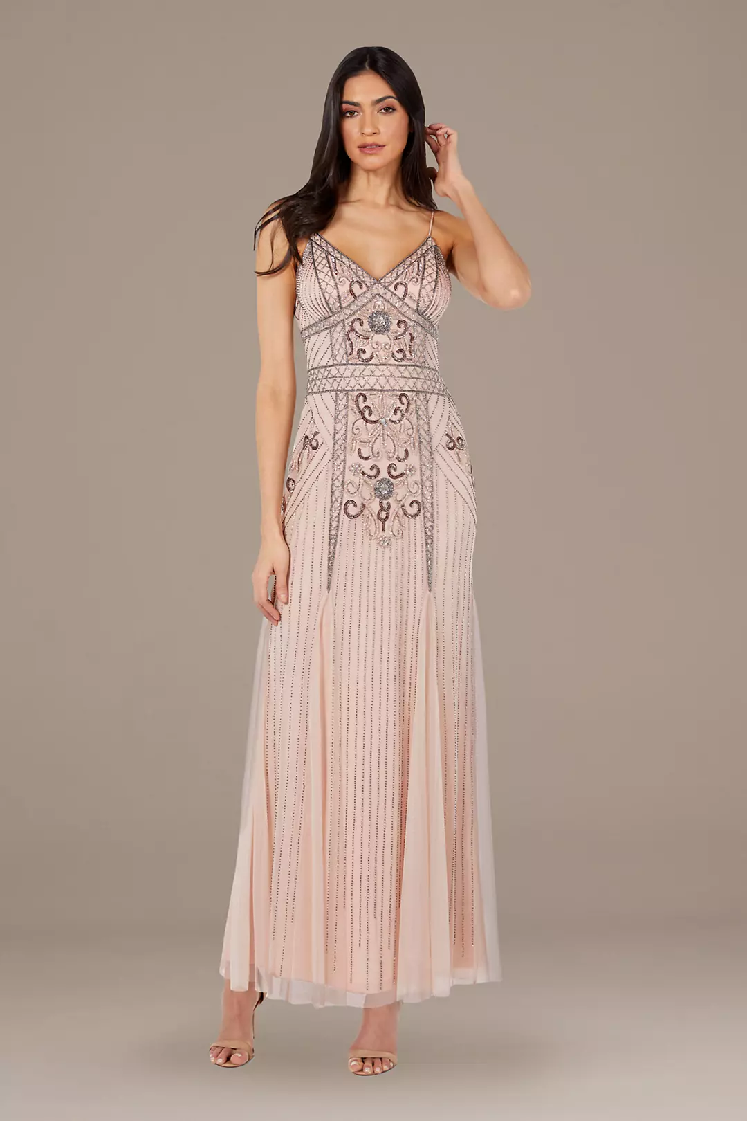 Bead-Embellished Mesh Overlay Spaghetti Strap Gown - Image 3
