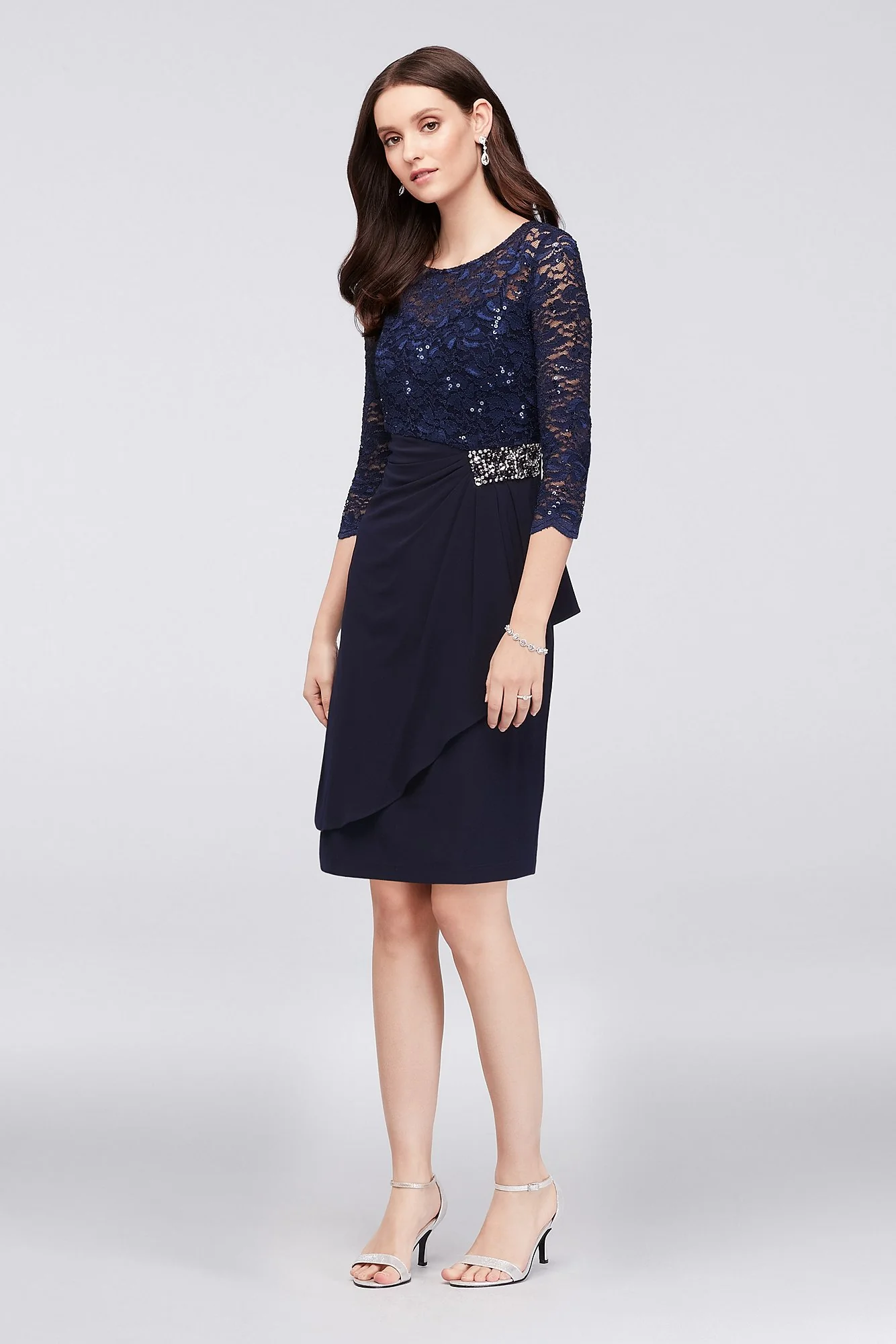 Beaded 3/4 Sleeve Illusion Lace Petite Dress - Image 2