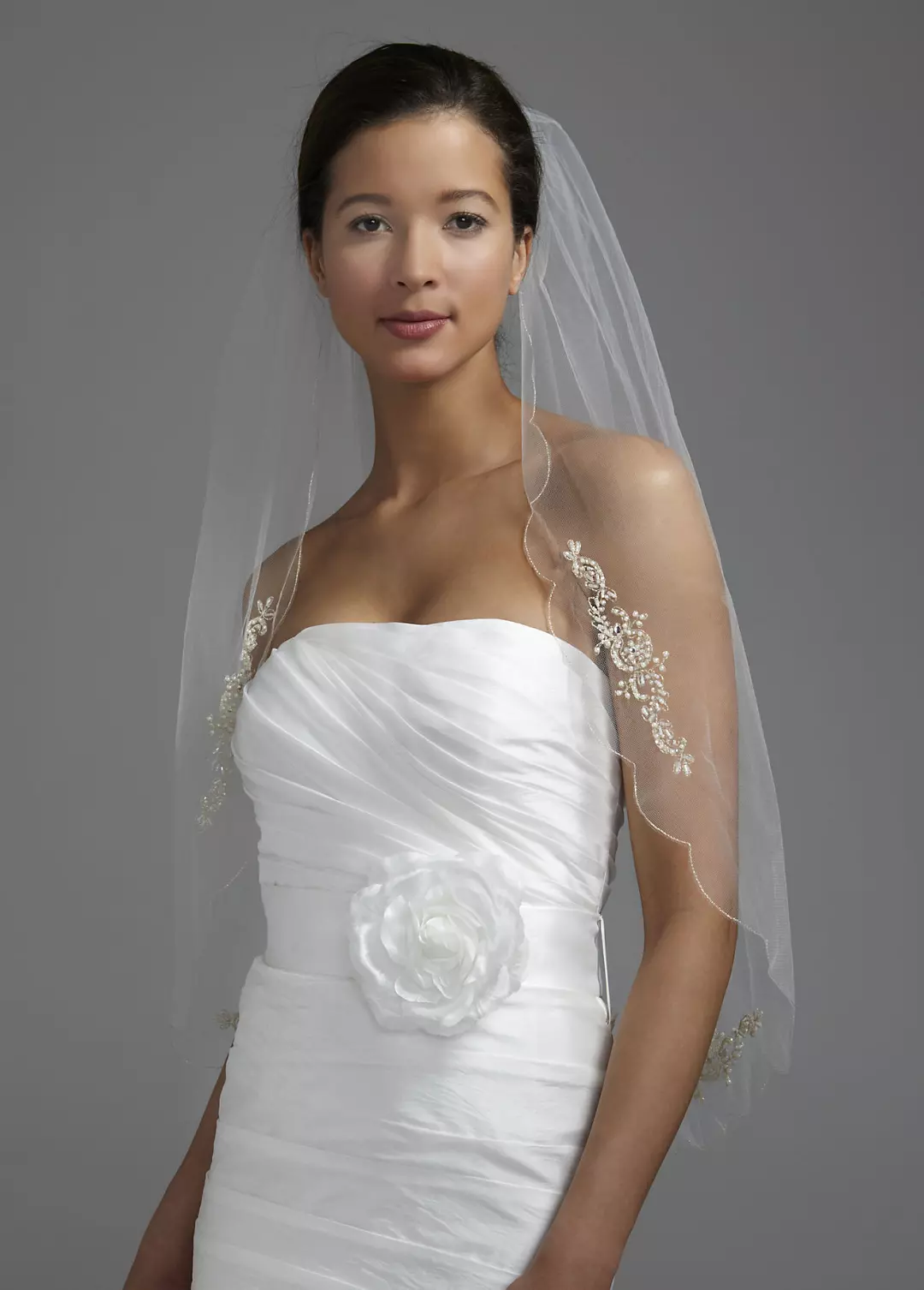 Beaded and Crystal Motif Scalloped Edge Veil - Image 2