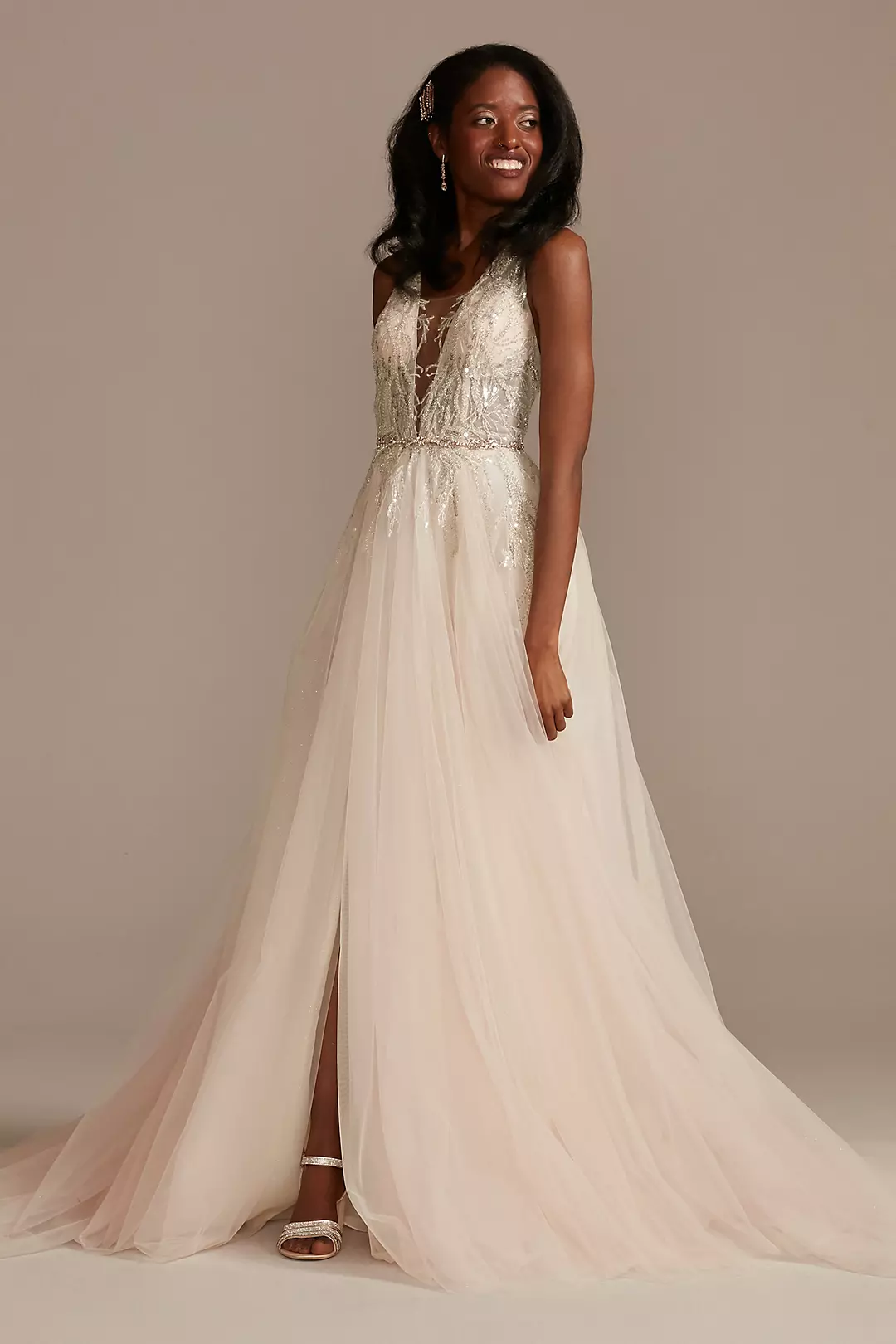 Beaded Applique Plunge Plus Size Wedding Dress - Image 3