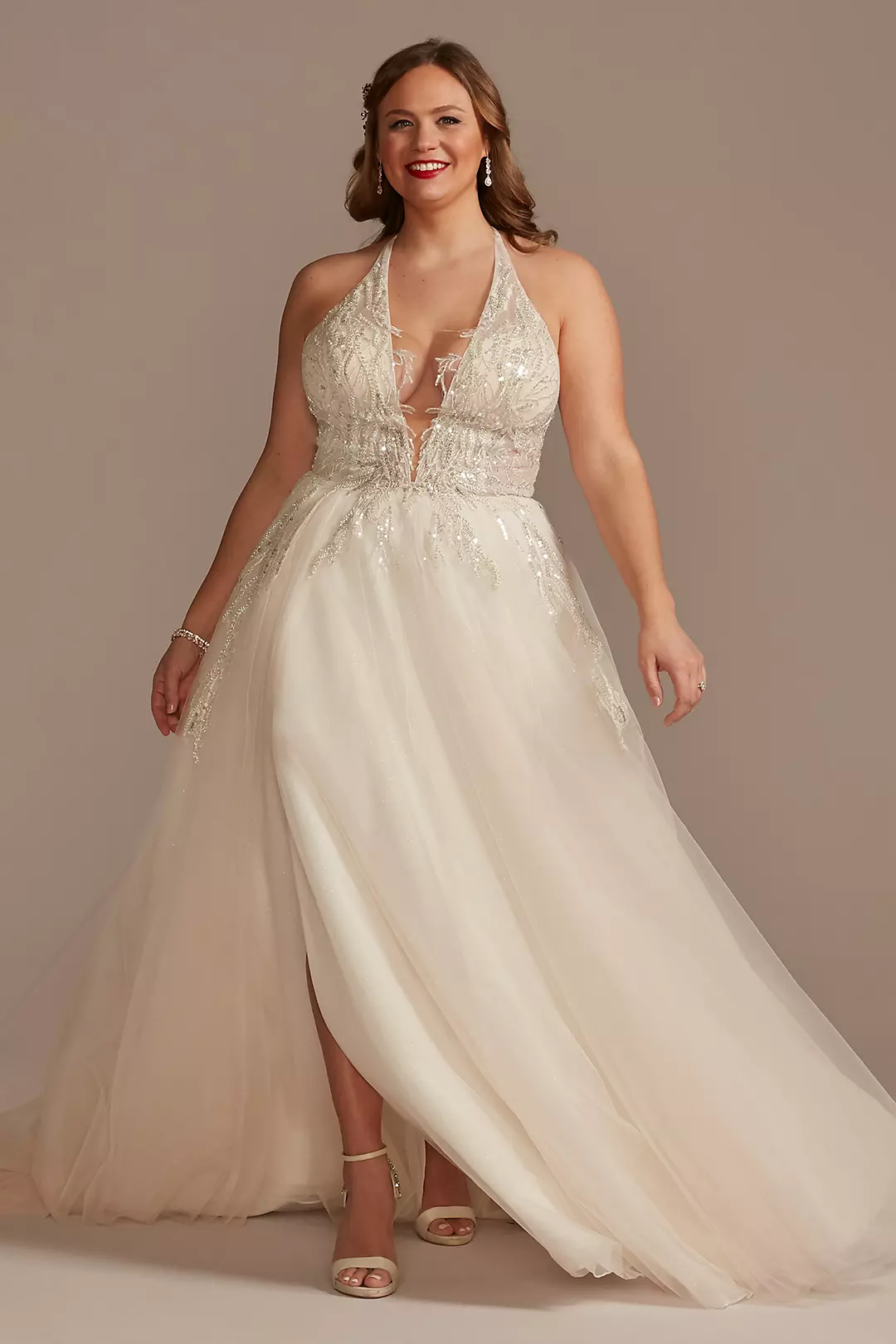 Beaded Applique Plunge Plus Size Wedding Dress - Image 4