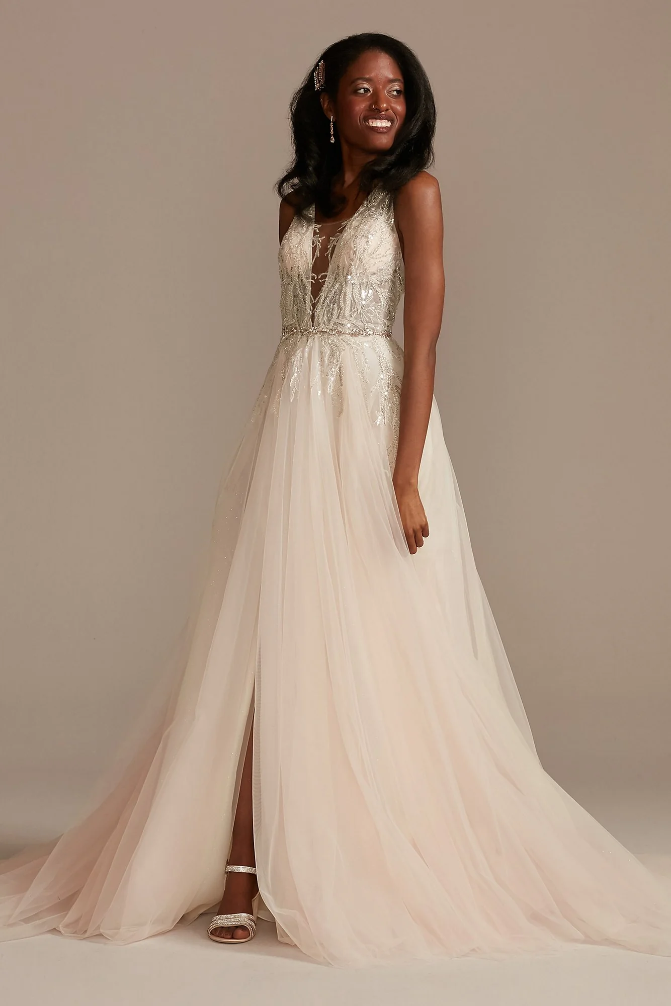 Beaded Applique Plunge Plus Size Wedding Dress - Image 5