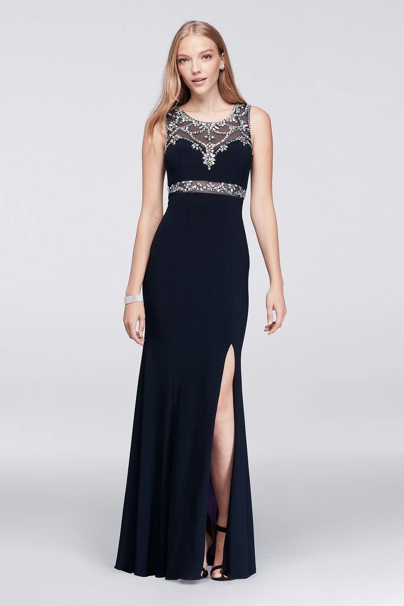 Beaded Back Illusion Bodice Long Dress