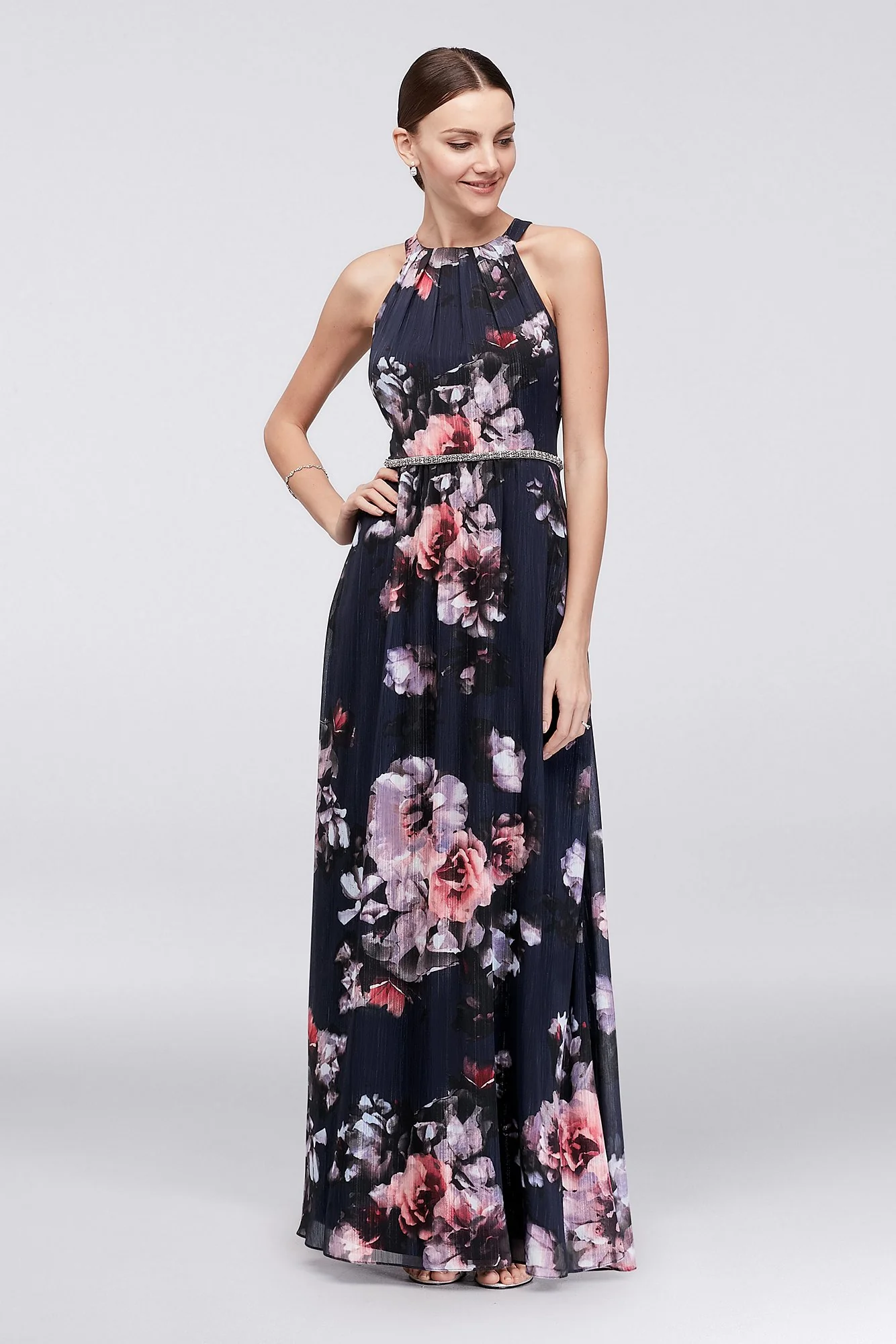 Beaded Belt Floral Chiffon Halter Dress - Image 2