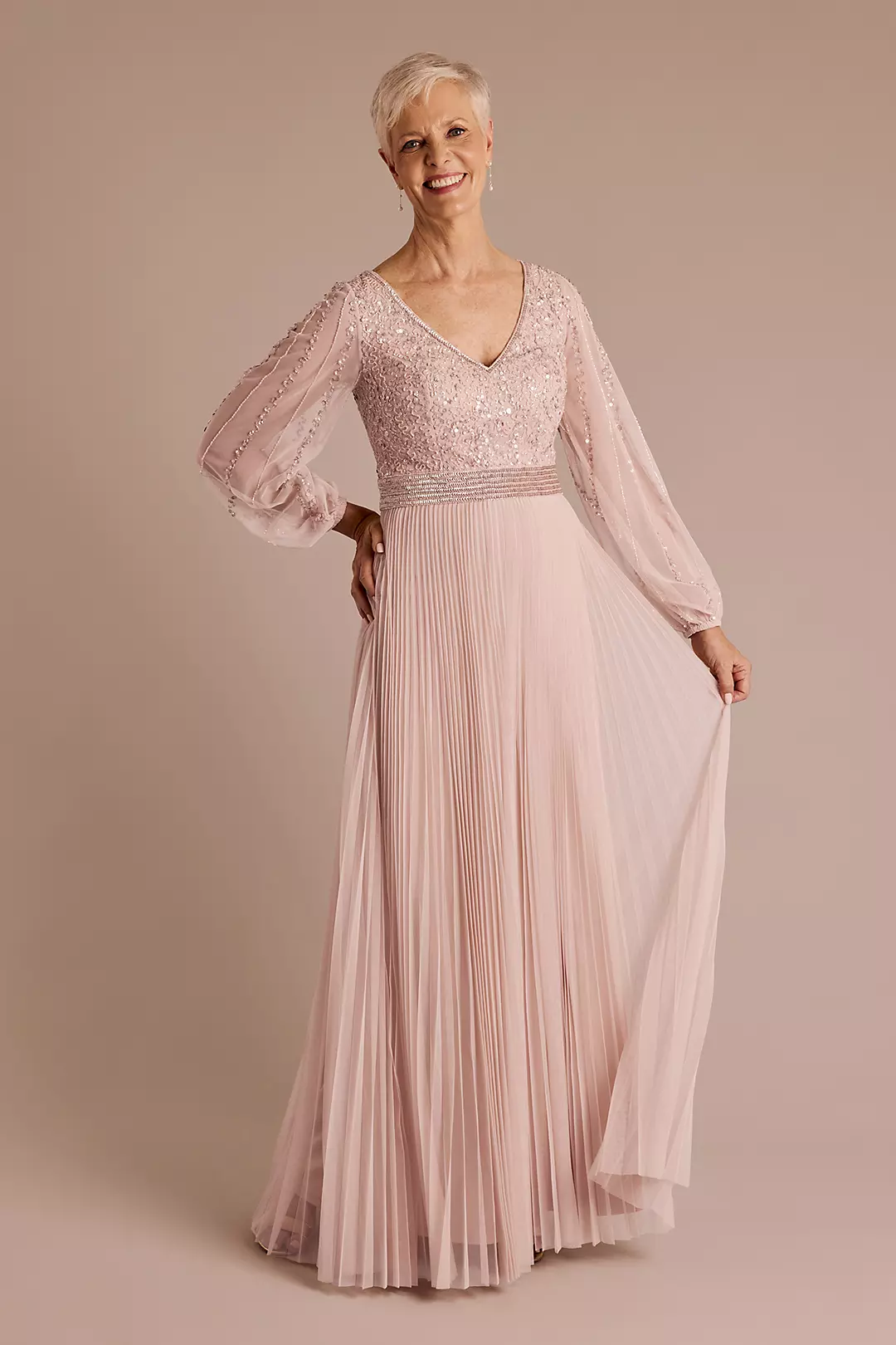 Beaded Blouson Sleeve Pleated A-Line Dress