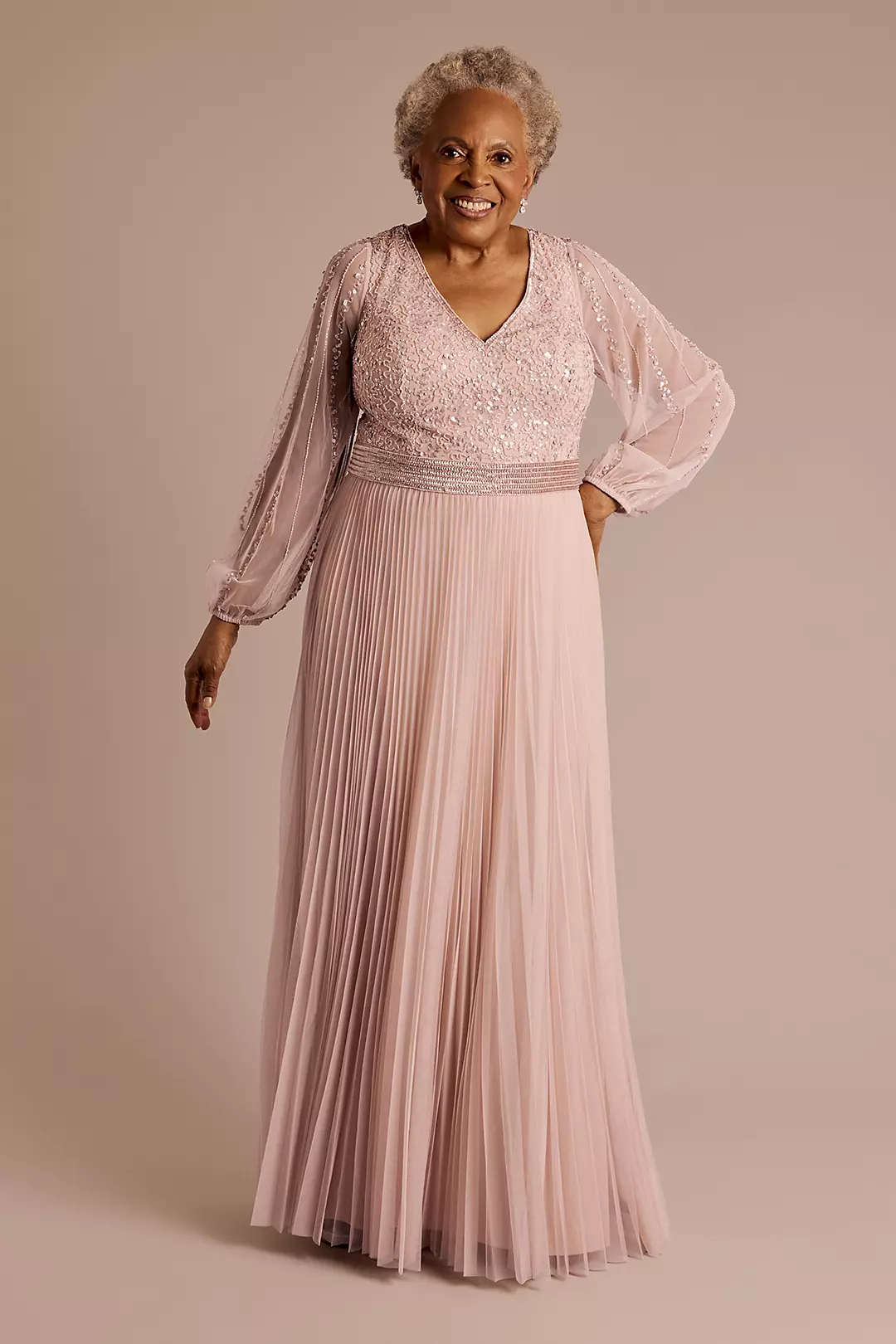 Beaded Blouson Sleeve Pleated A-Line Dress - Image 4