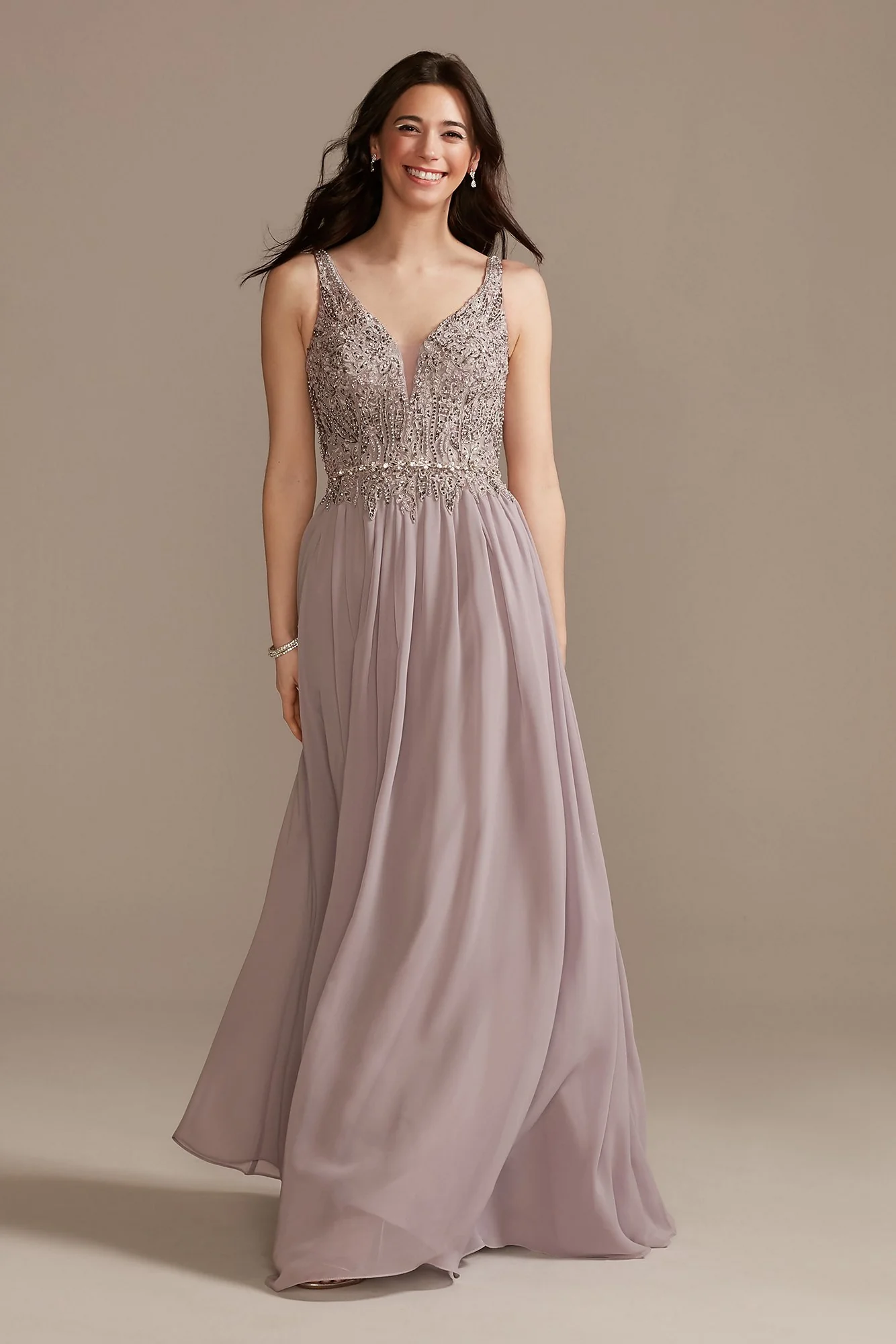 Beaded Bodice Plunge Chiffon Gown