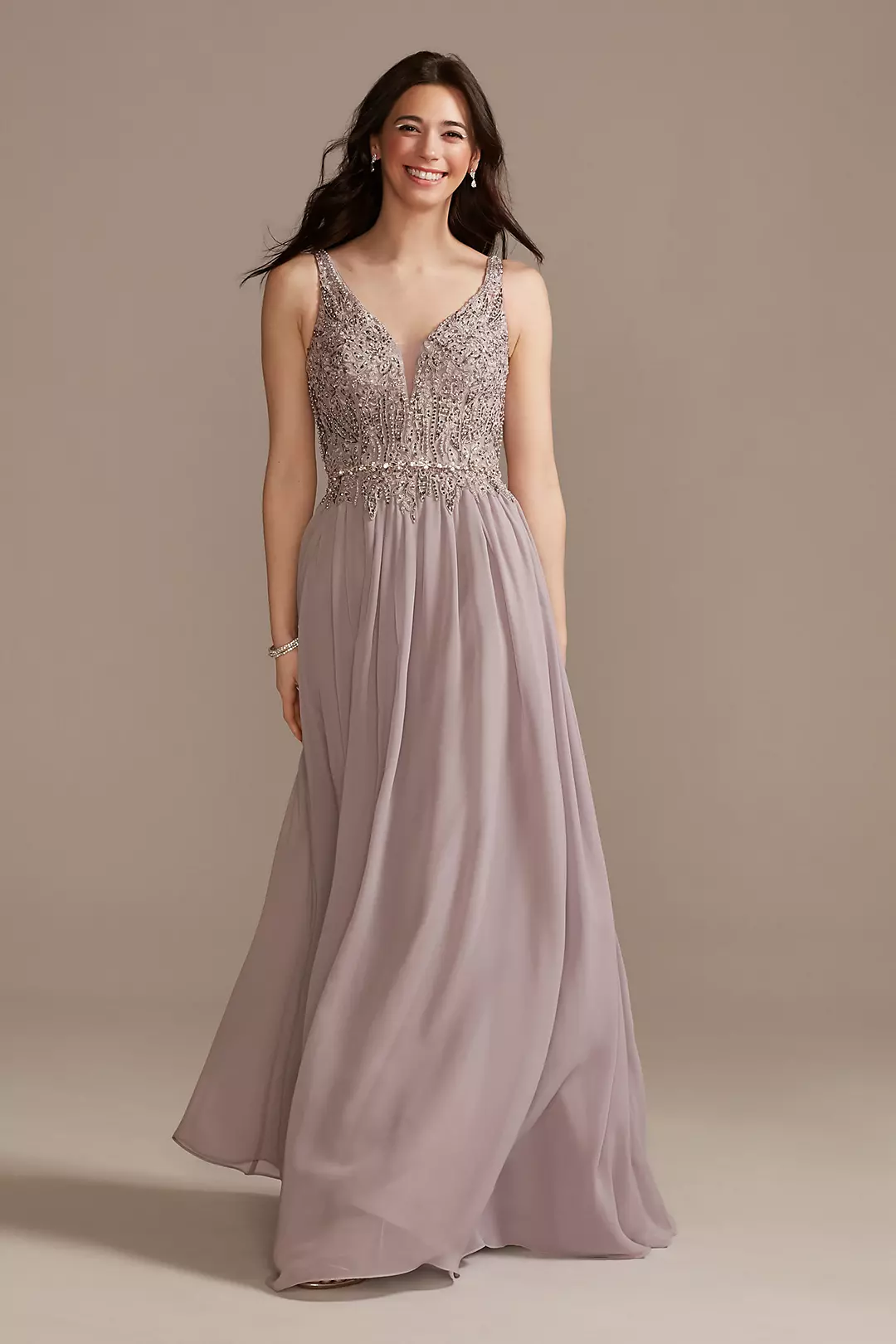 Beaded Bodice Plunge Chiffon Gown - Image 3