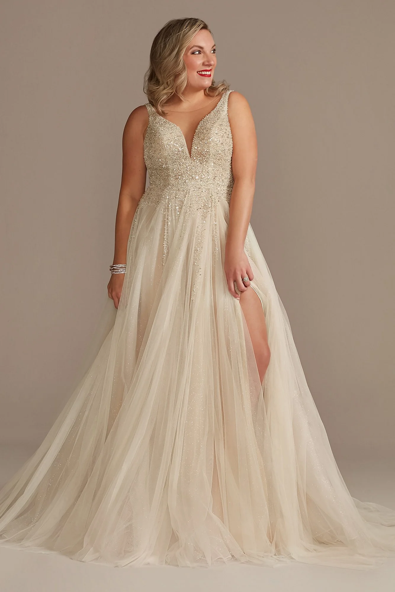 Beaded Bodice Plunging-V Illusion Wedding Dress - Image 40