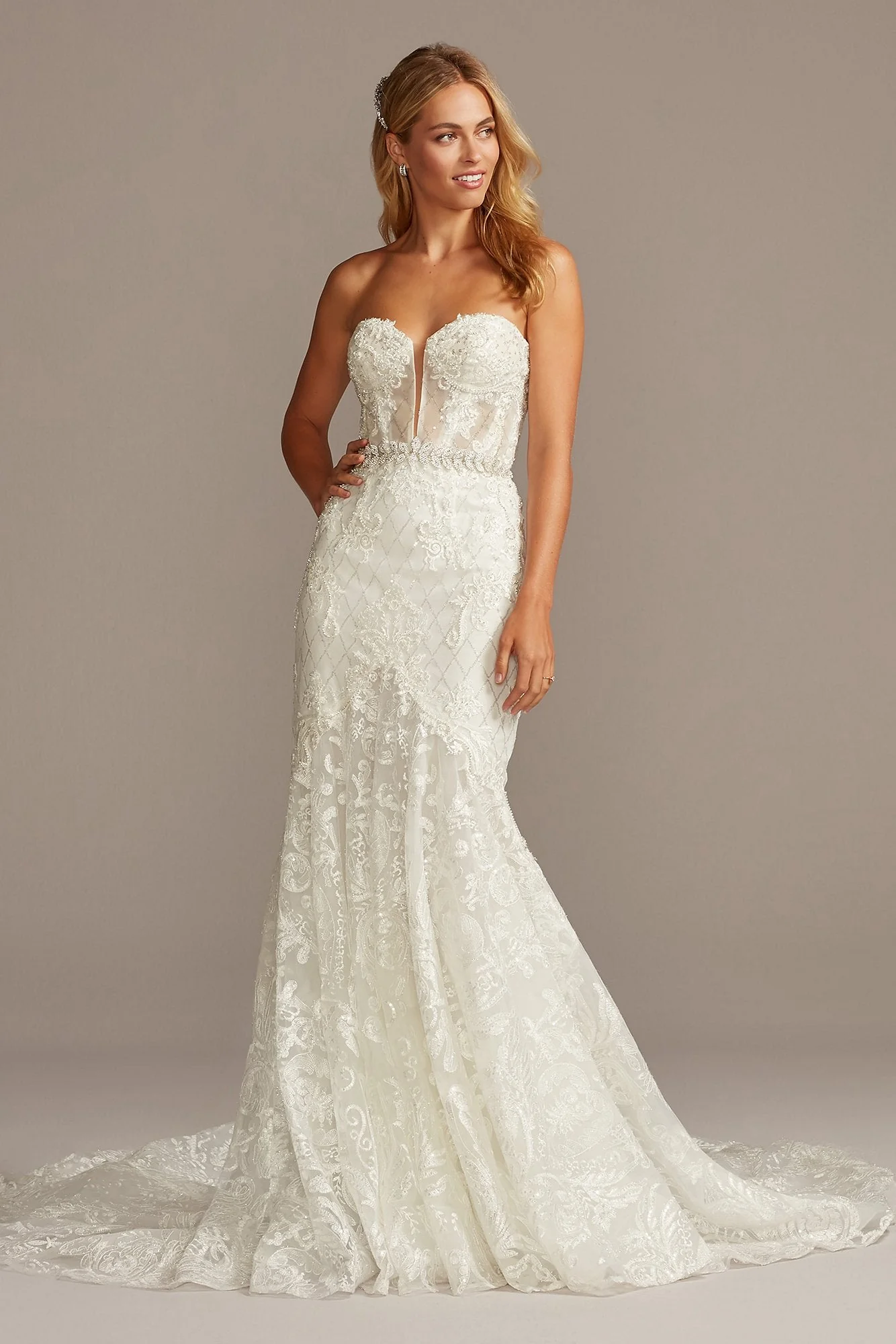 Beaded Brocade Embellished Mermaid Wedding Dress - Image 19