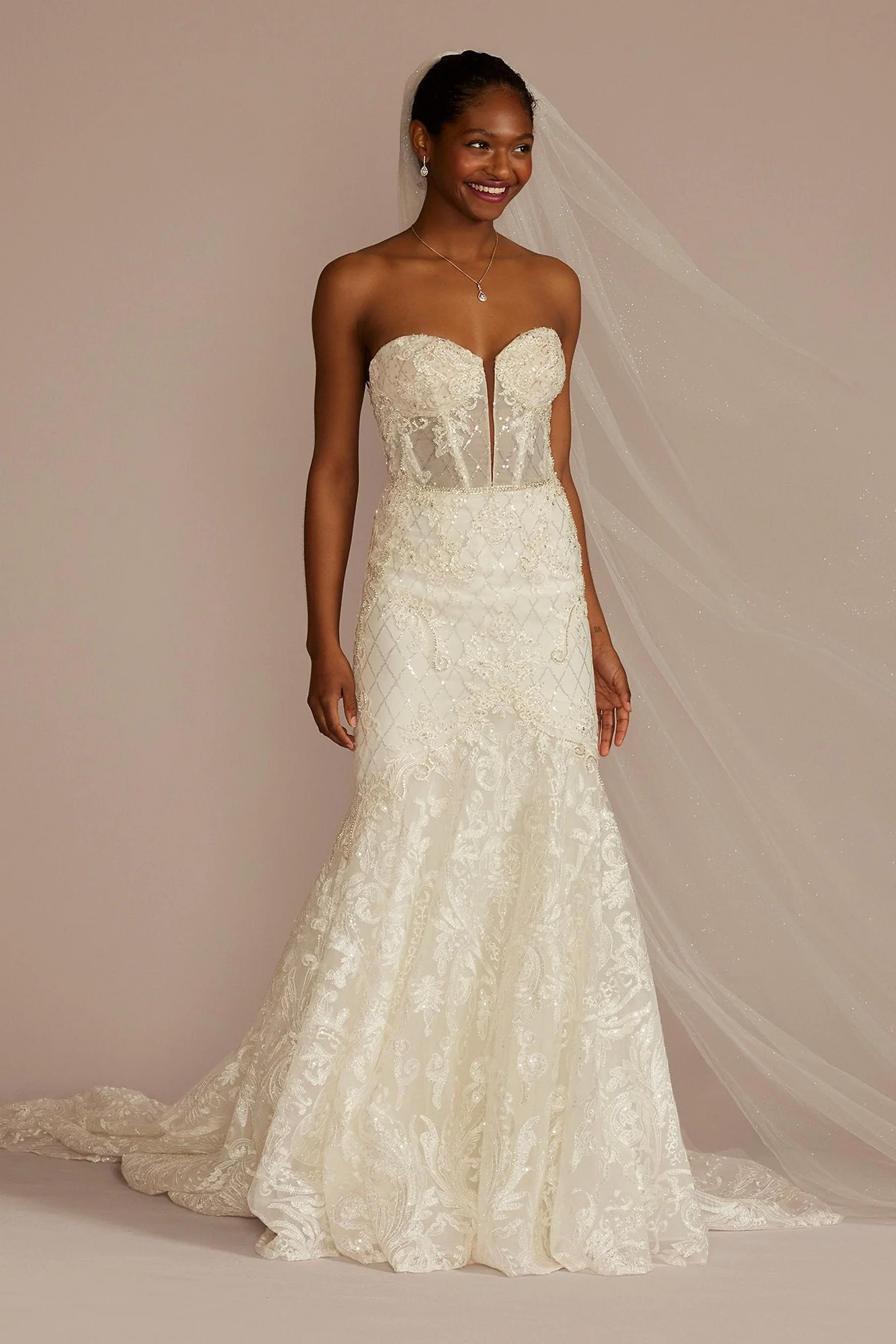 Beaded Brocade Embellished Mermaid Wedding Dress - Image 21