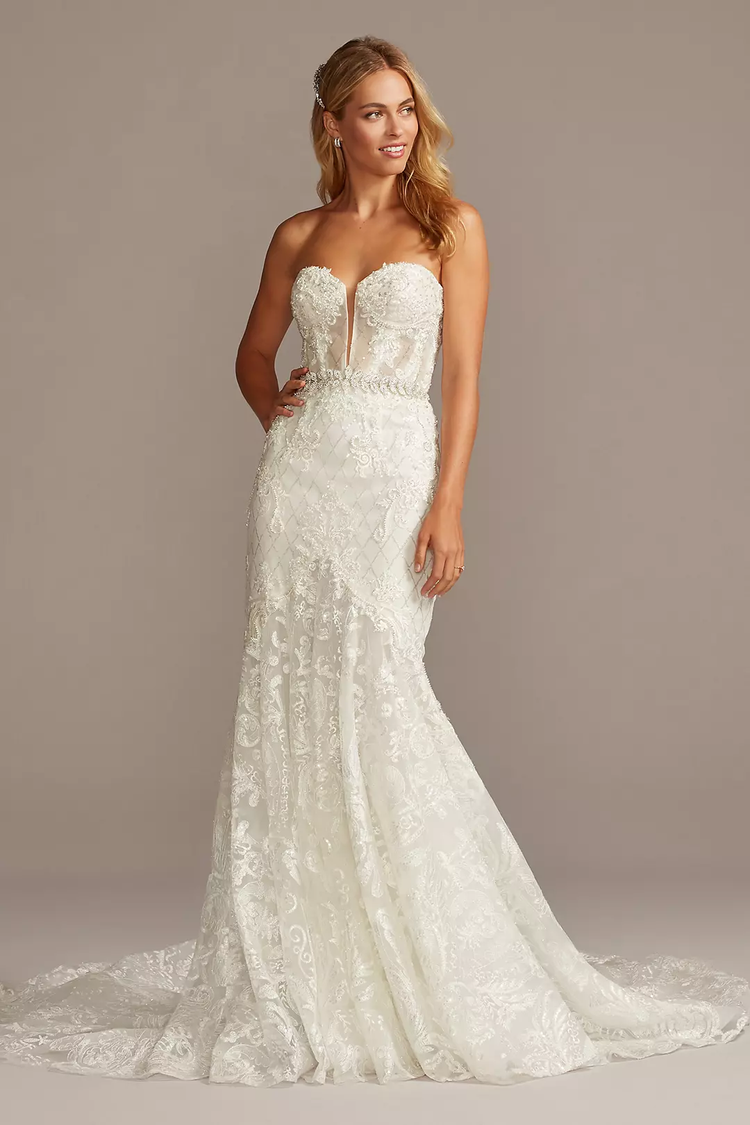 Beaded Brocade Embellished Mermaid Wedding Dress - Image 6