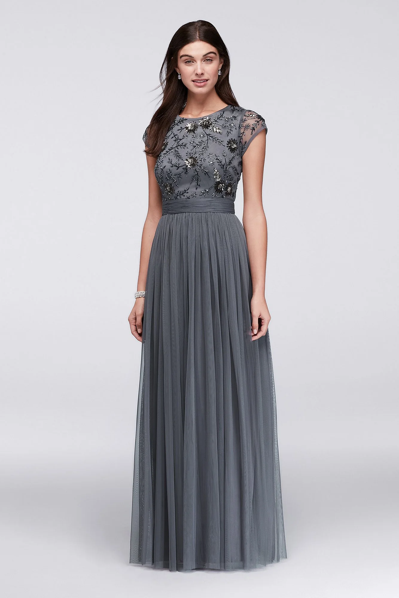 Beaded Cap Sleeve Dress with Tulle Skirt - Image 2