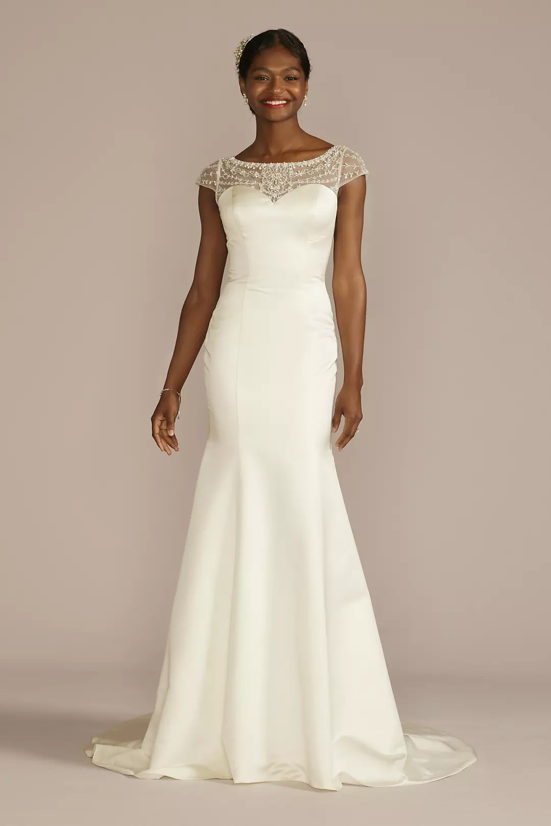 Beaded Cap Sleeve Satin Mermaid Wedding Dress - Image 7