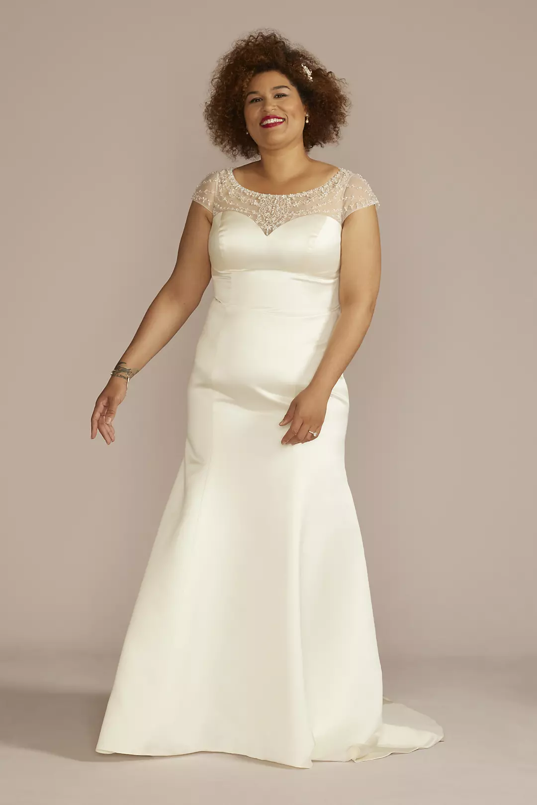 Beaded Cap Sleeve Satin Mermaid Wedding Dress - Image 9