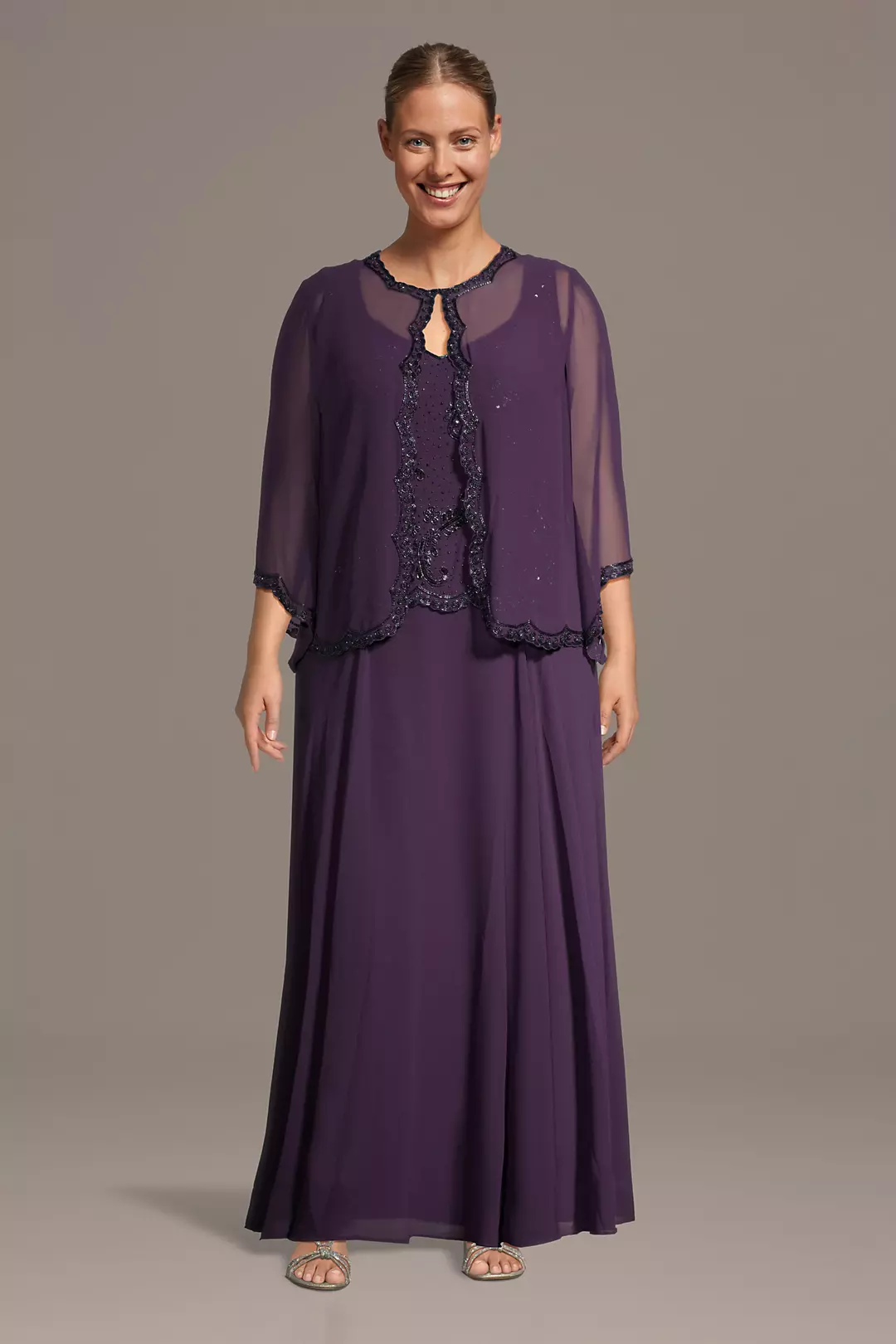 Beaded Chiffon Long-Sleeve Dress with Jacket