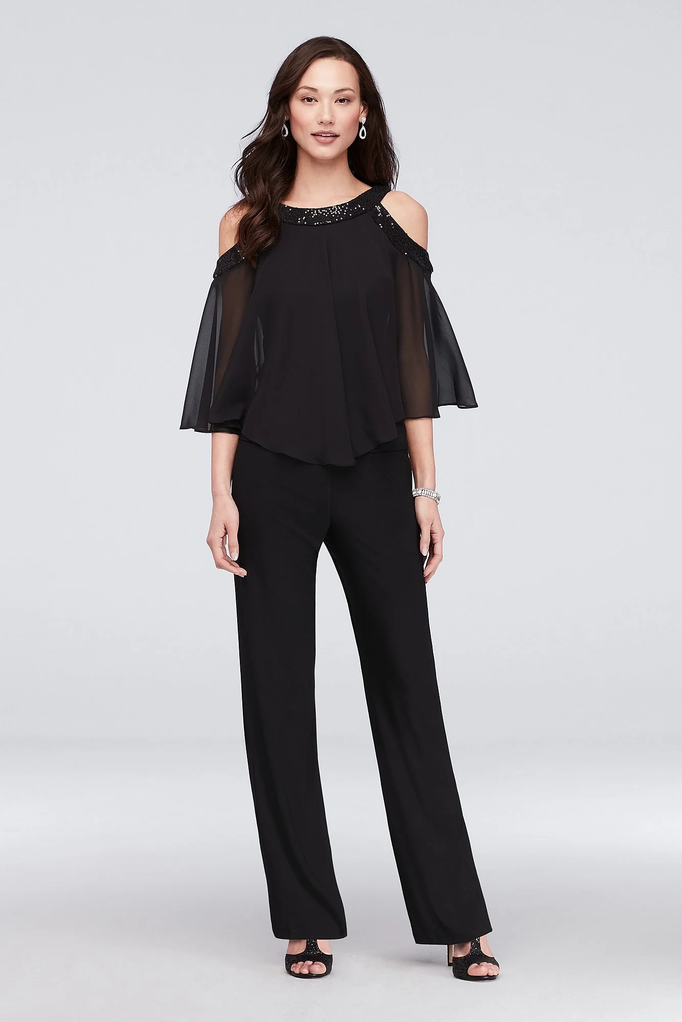 Sequin Cold-Shoulder Two-Piece Jersey Pants Set
