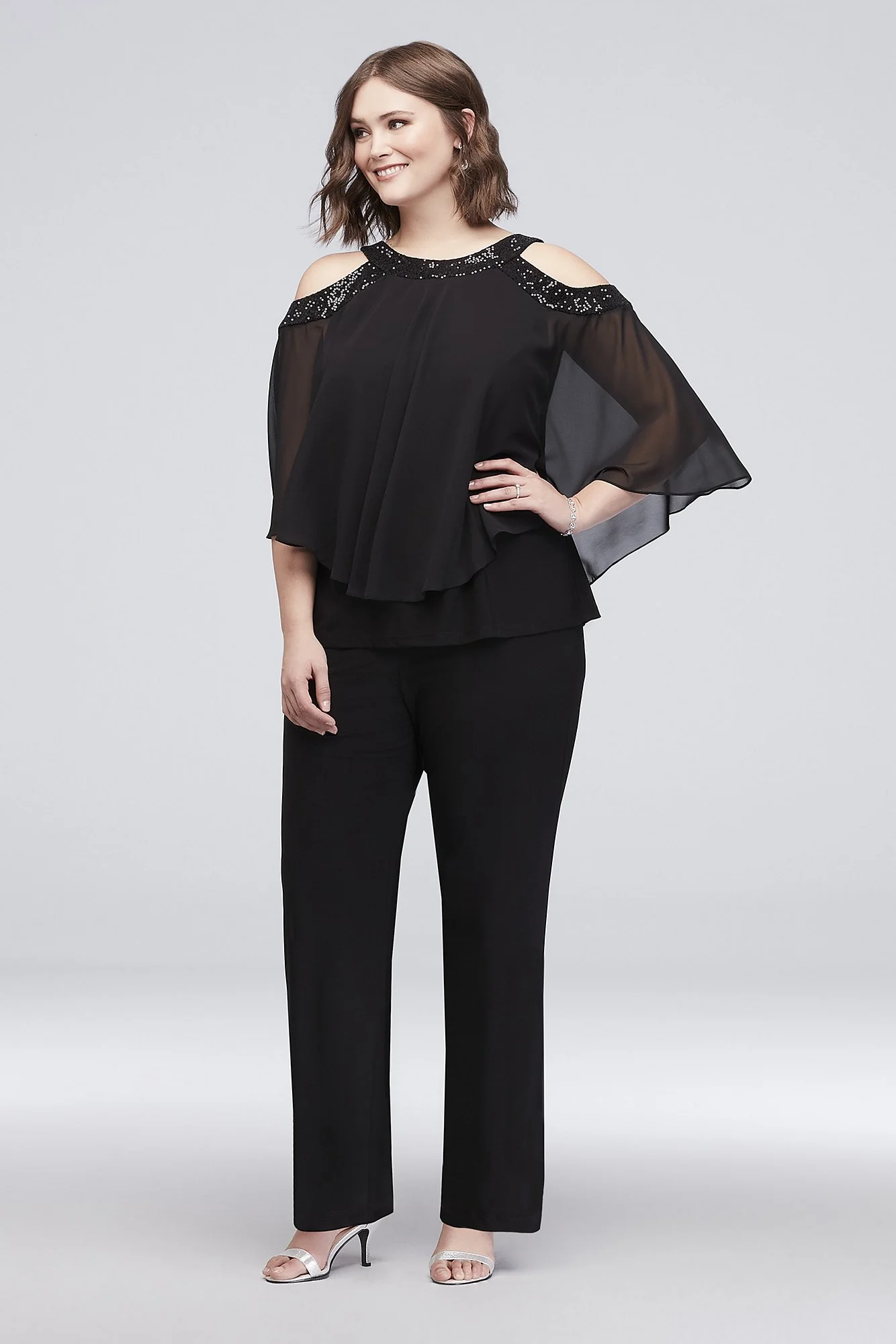 Sequin Cold-Shoulder Two-Piece Jersey Pants Set - Image 3