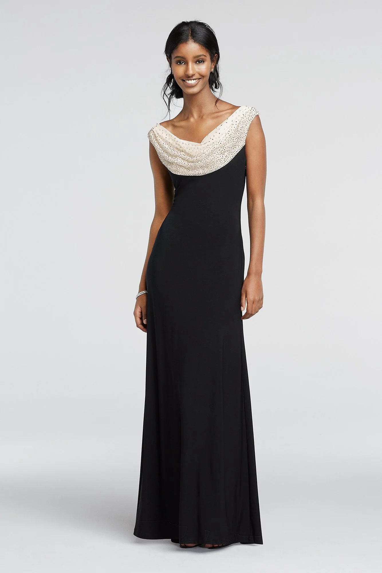 Beaded Cowl Neck Long Mother of the Bride Dress - Image 4