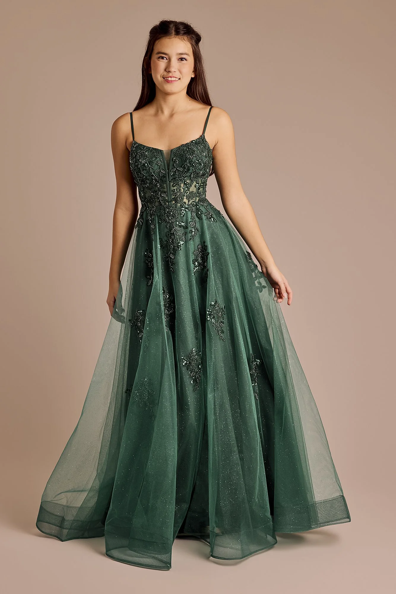 Beaded Floral Applique Glitter Tulle Ball Gown