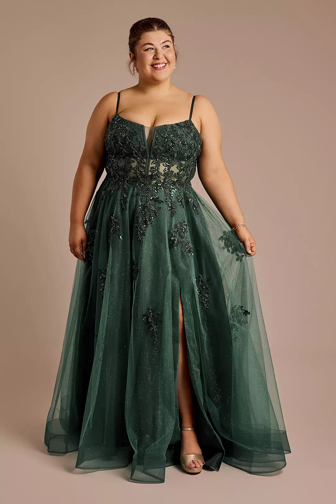 Beaded Floral Applique Glitter Tulle Ball Gown - Image 2