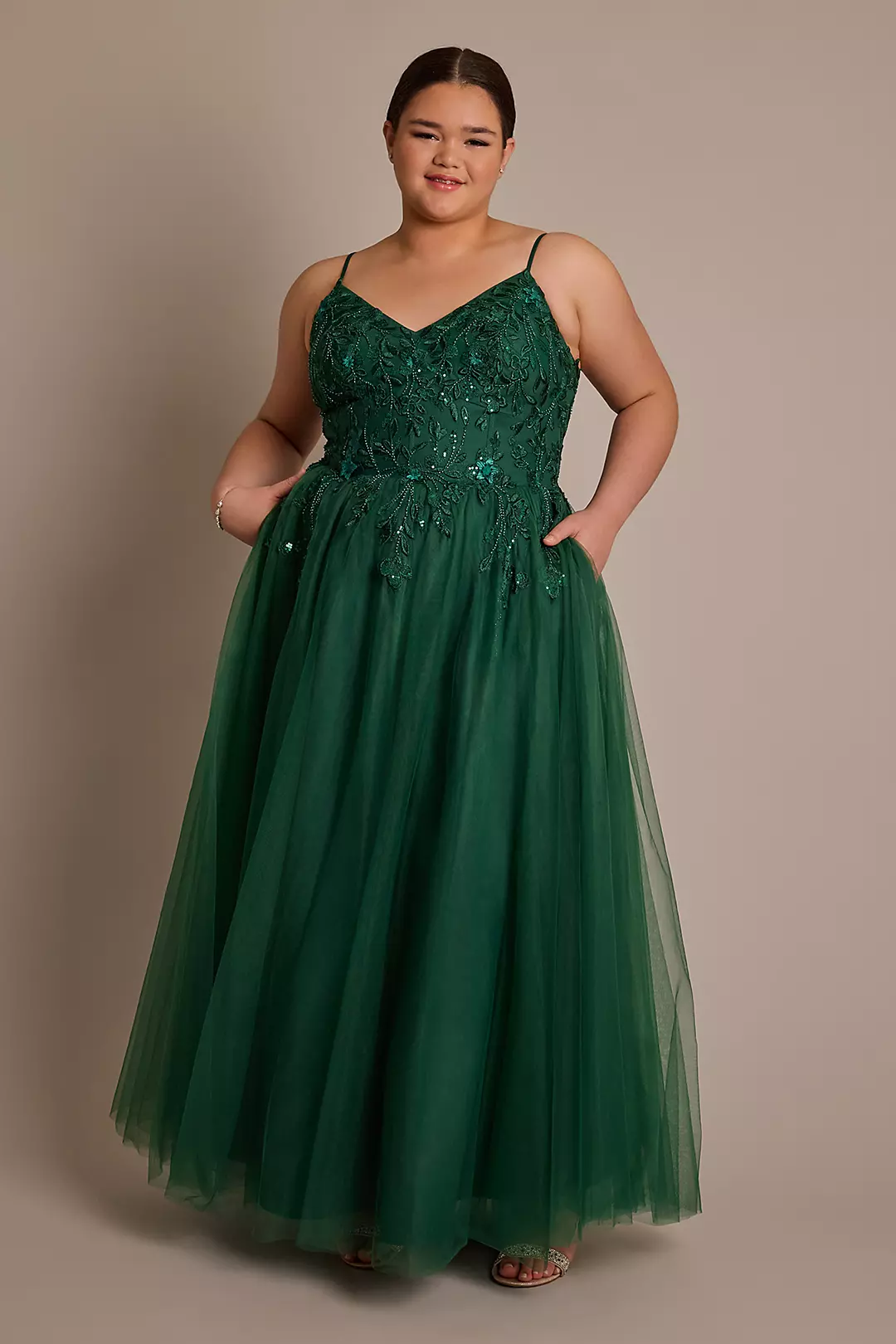 Beaded Floral Tulle Corset Back Ball Gown - Image 2