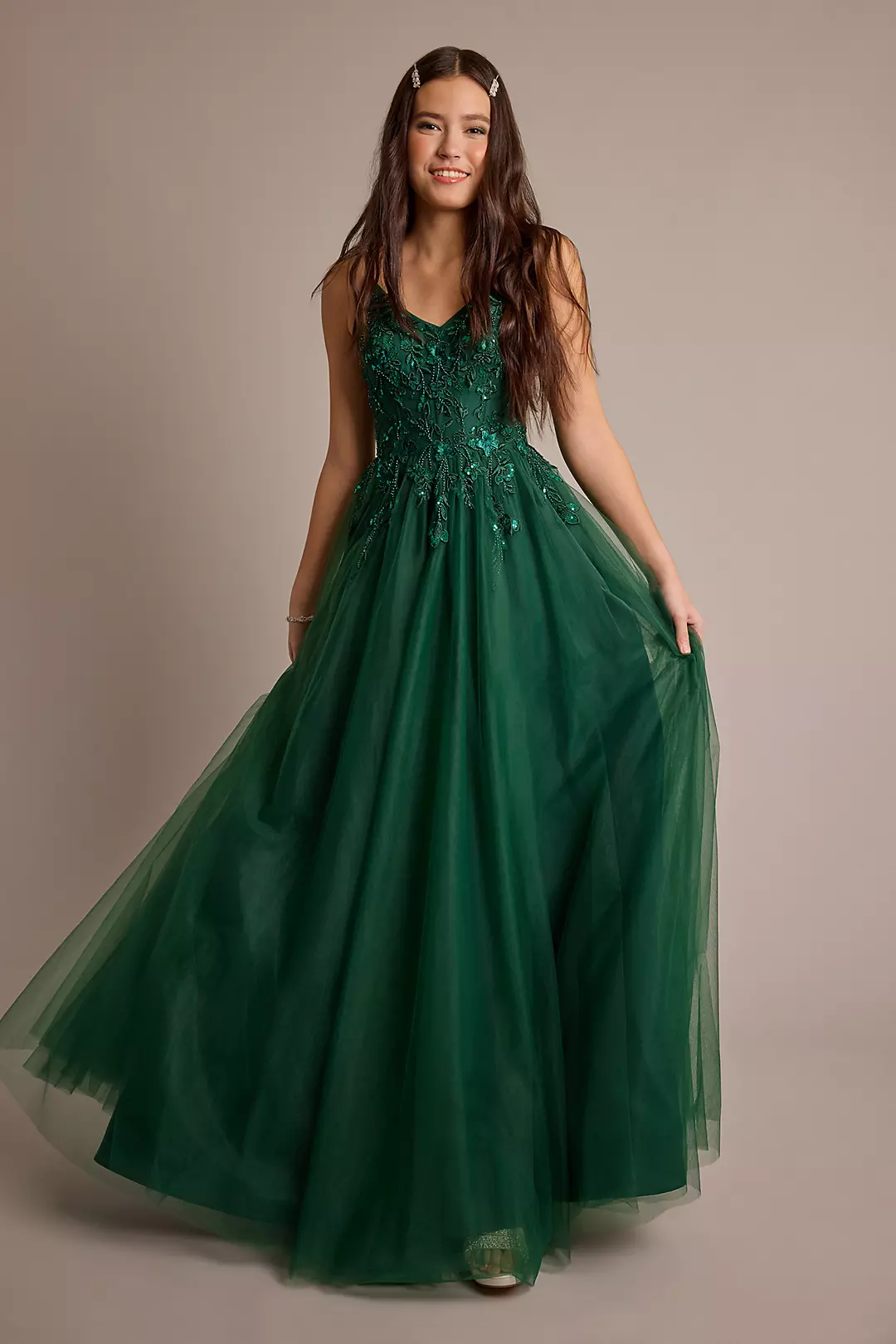Beaded Floral Tulle Corset Back Ball Gown - Image 3