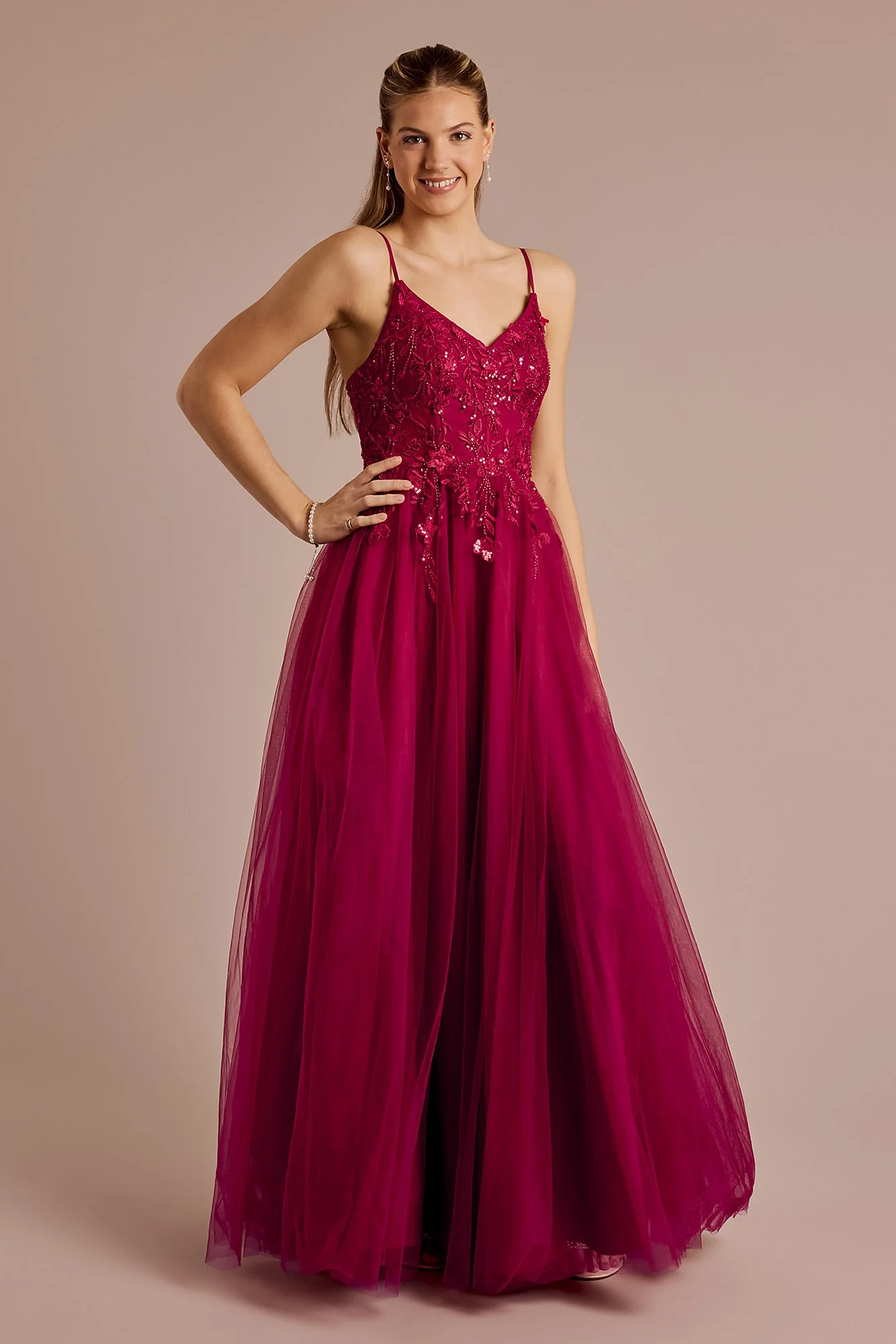 Beaded Floral Tulle Corset Back Ball Gown - Image 5