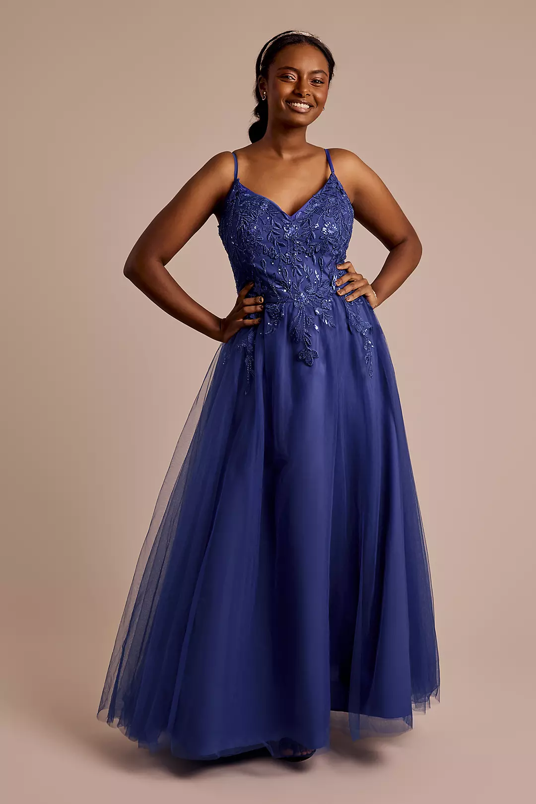 Beaded Floral Tulle Corset Back Ball Gown - Image 7