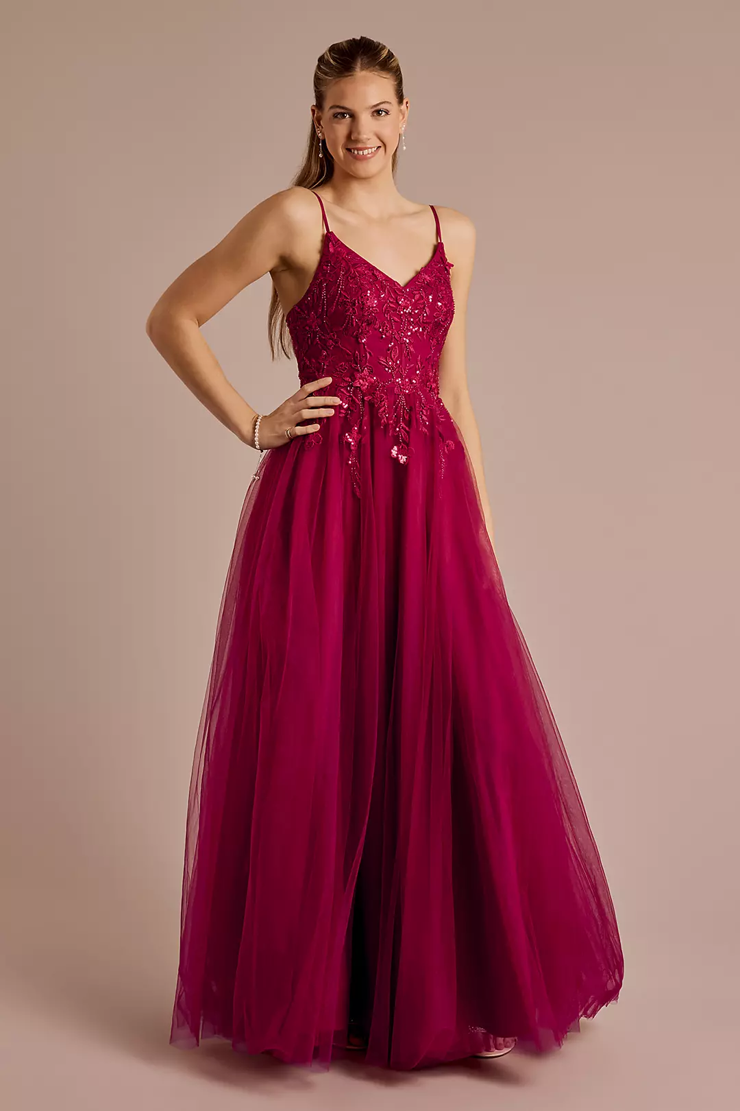 Beaded Floral Tulle Corset Back Ball Gown - Image 8
