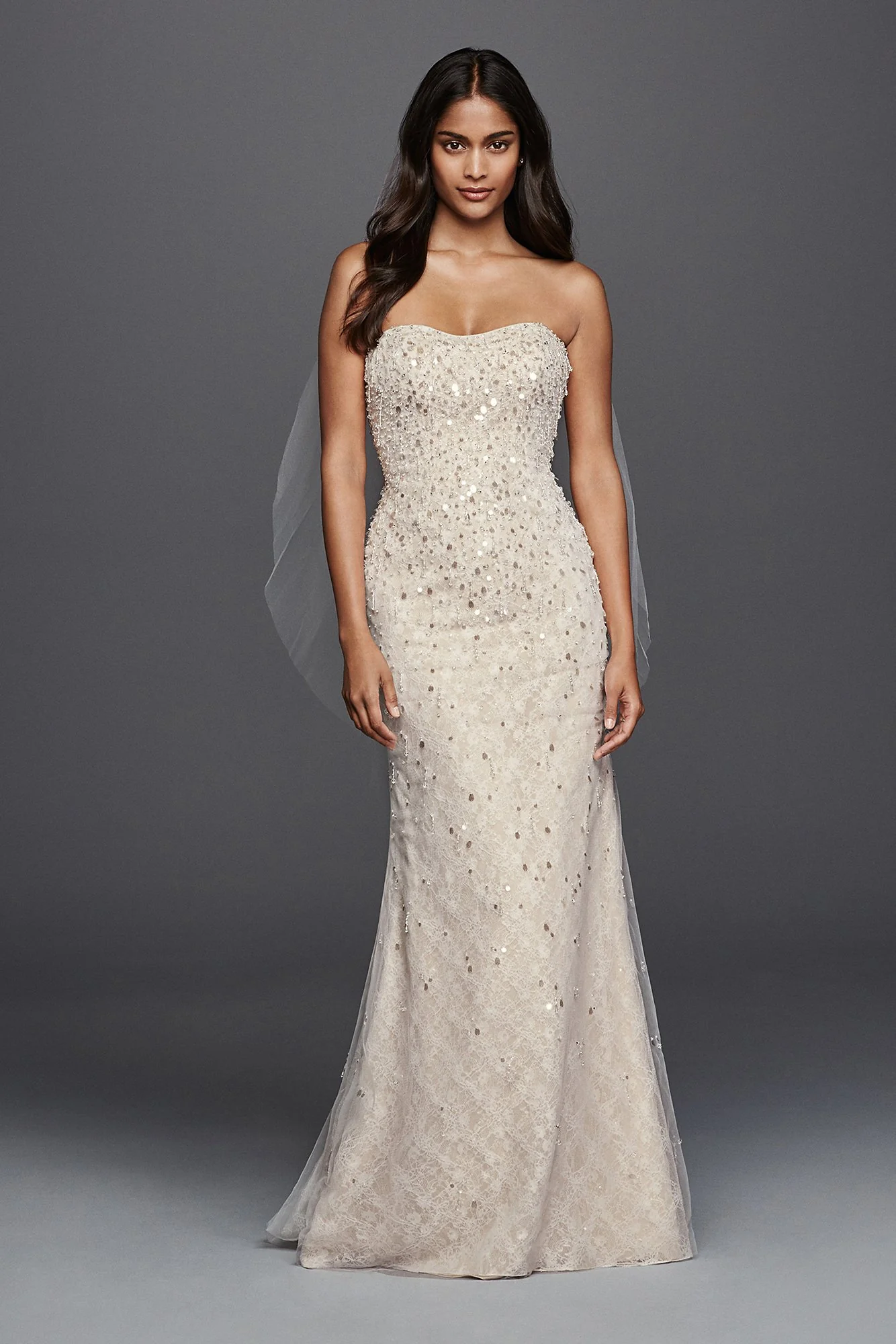 Beaded Fringe Bodice Lace Sheath Wedding Dress - Image 5