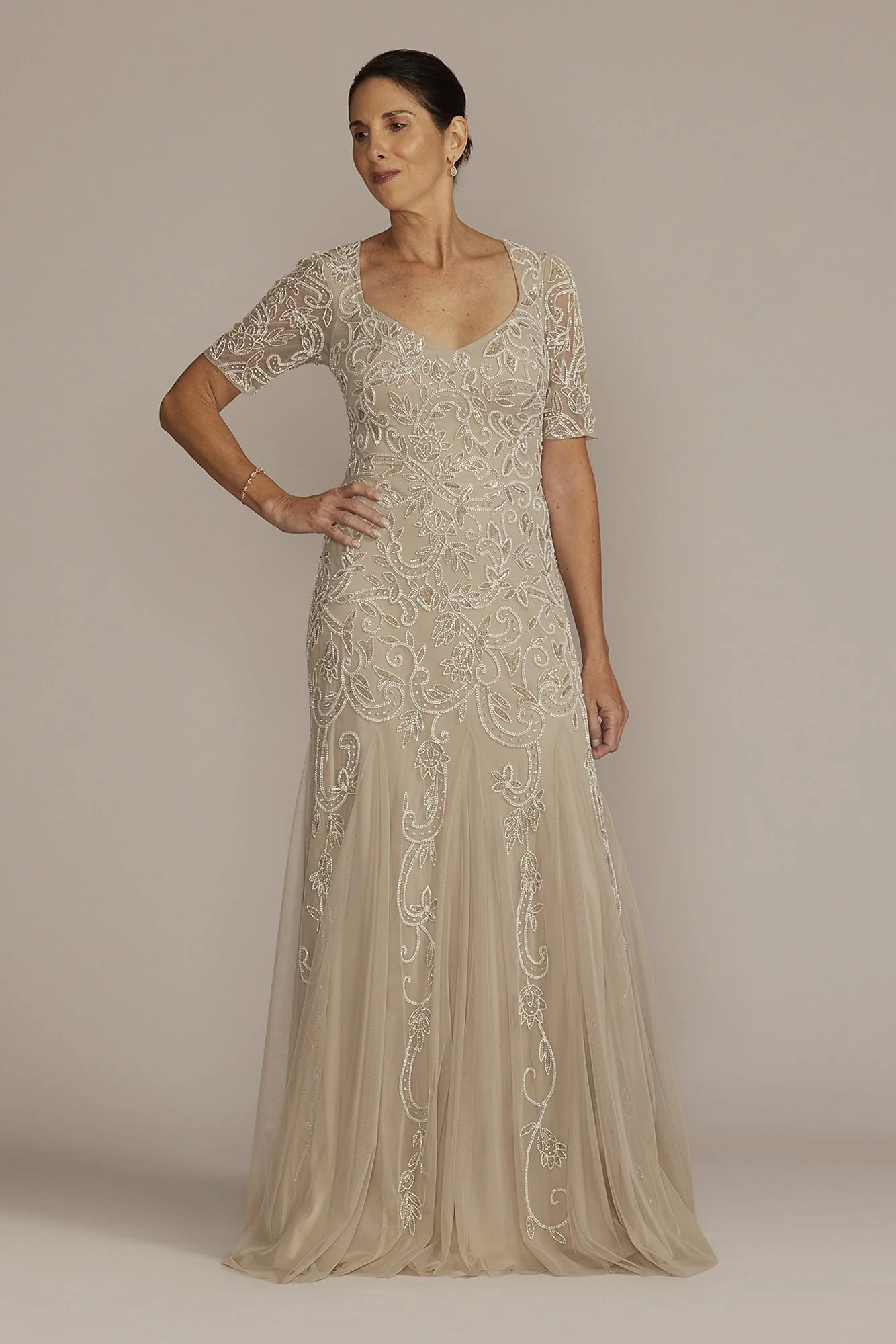 Beaded Godet Gown with Elbow Length Sleeves