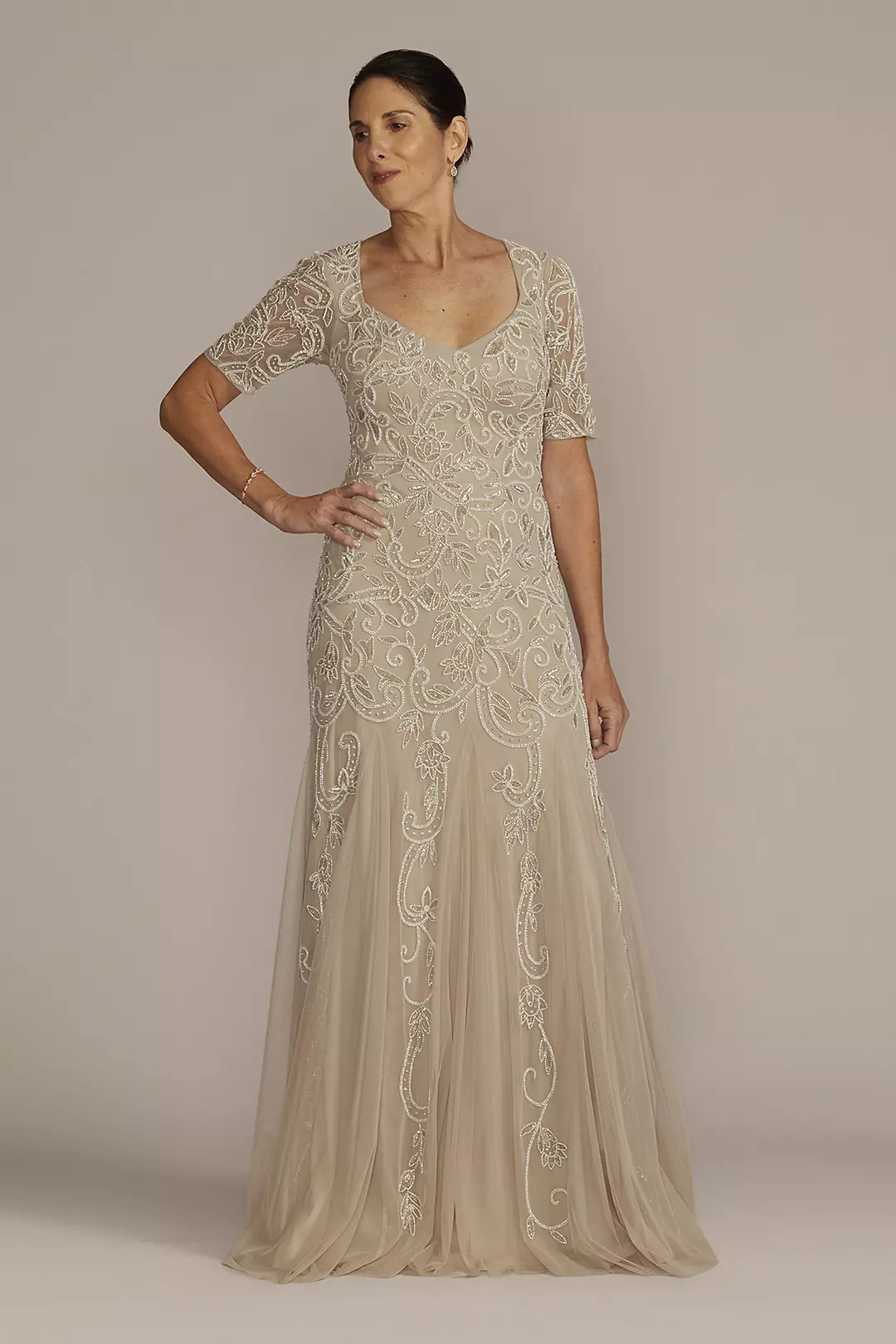 Beaded Godet Gown with Elbow Length Sleeves - Image 4