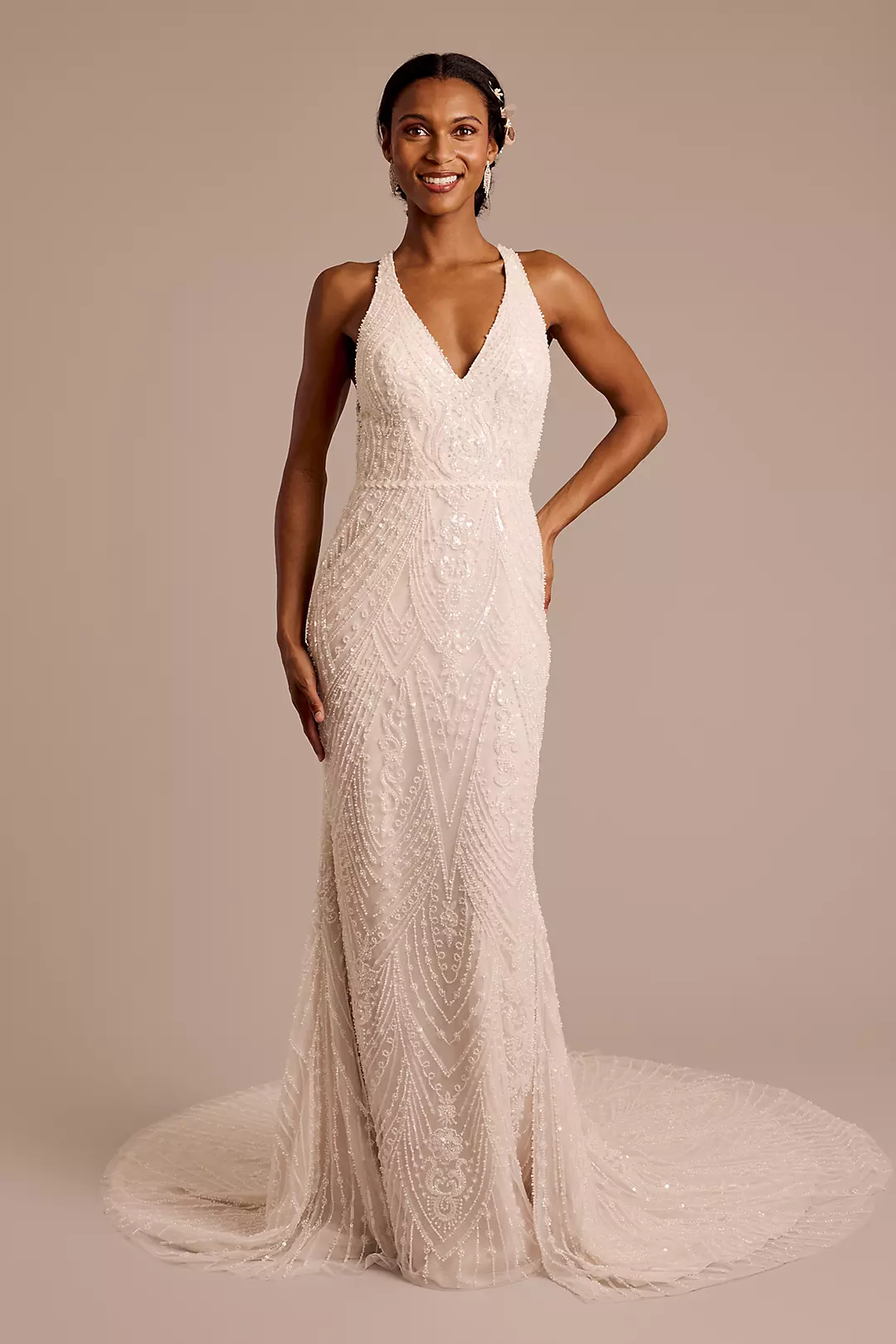 Beaded Halter Open Back Sheath Wedding Dress - Image 2