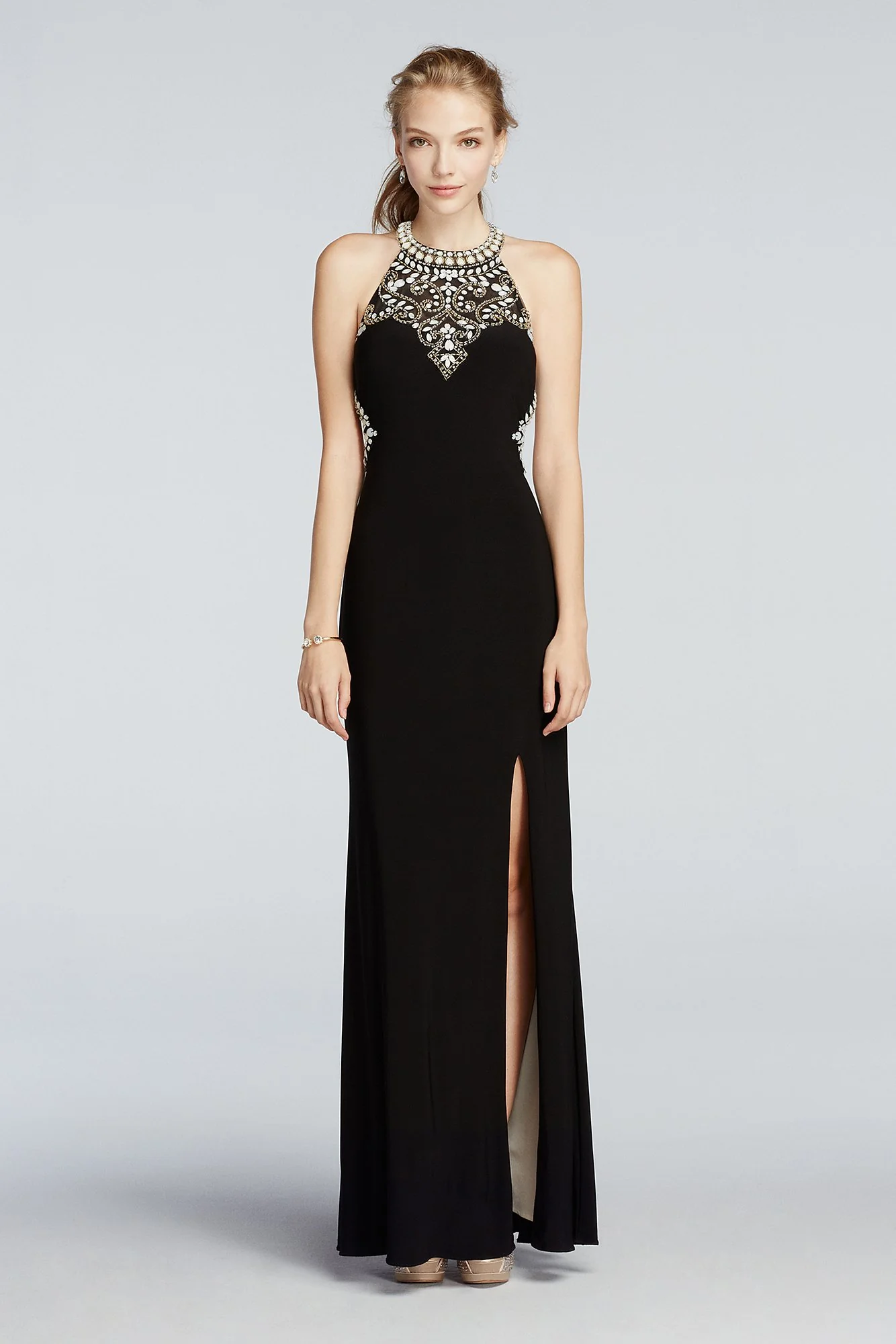 Beaded High Neck Cut Out Jersey Prom Dress
