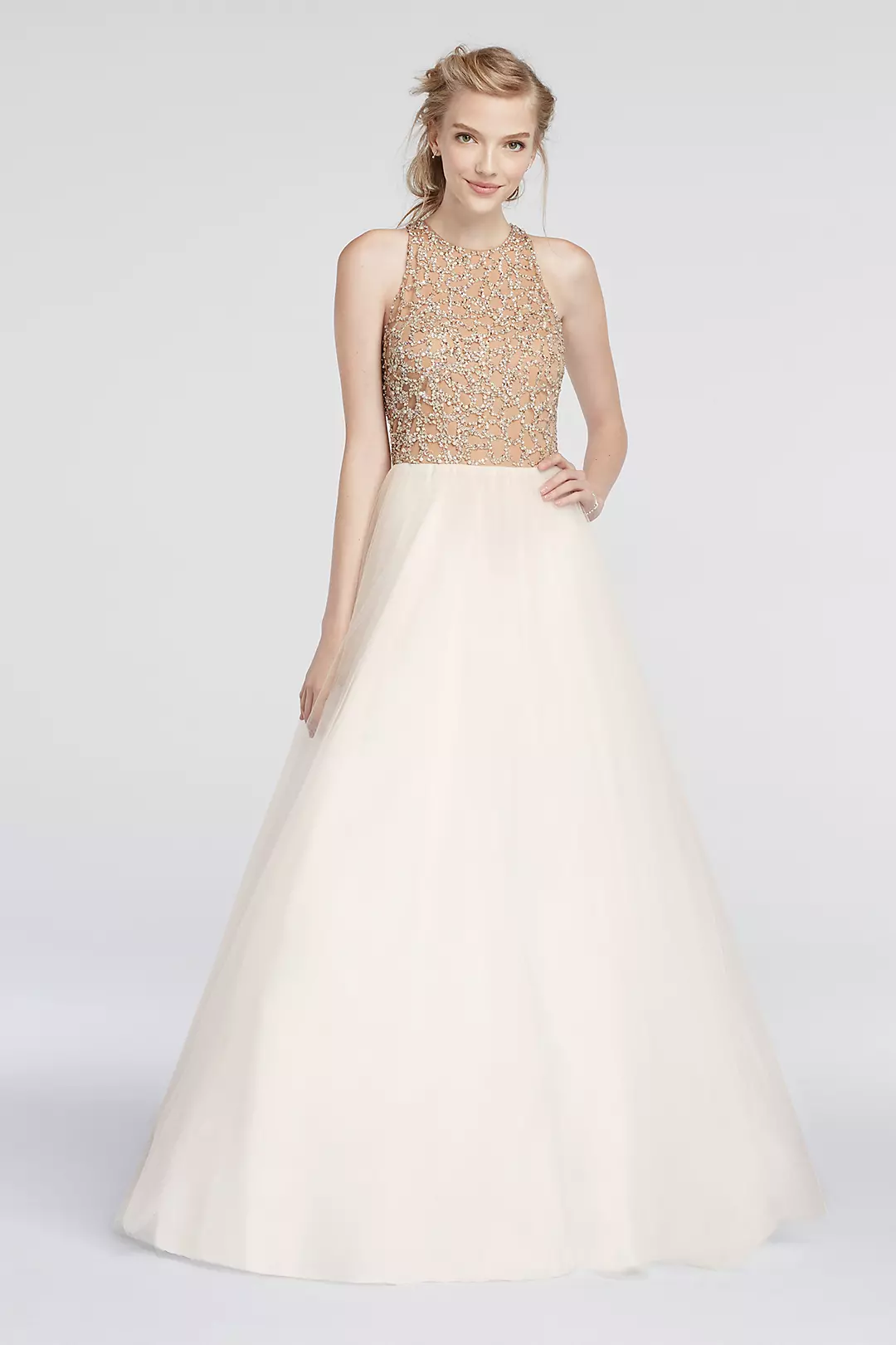 Beaded High Neck Prom Dress with Ball Gown Skirt - Image 2