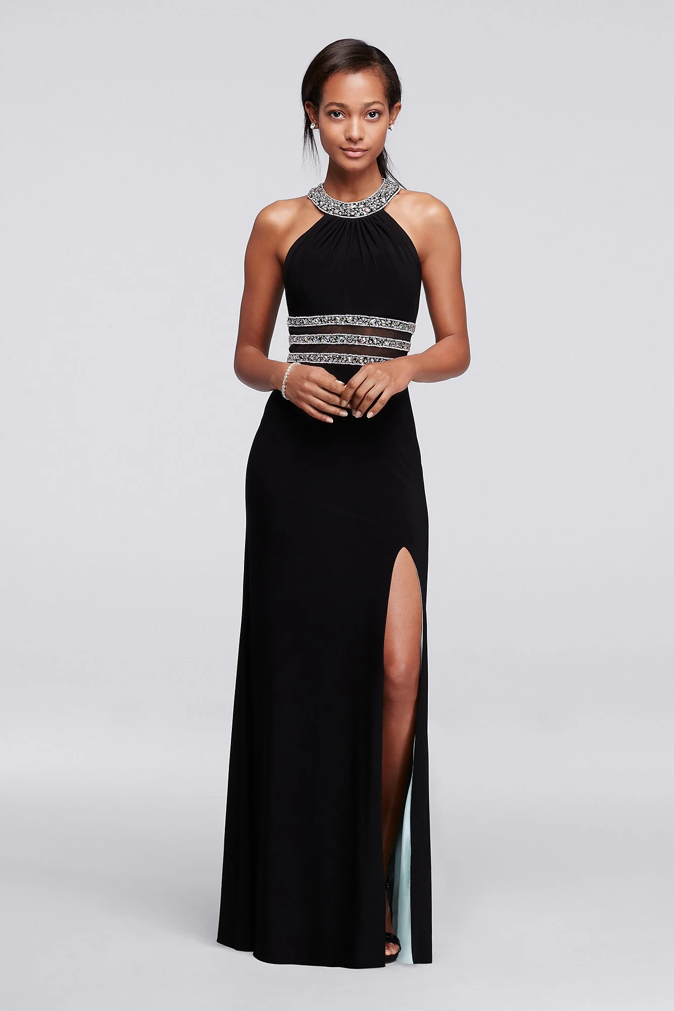 Beaded High Neck Prom Dress with Illusion Cutouts