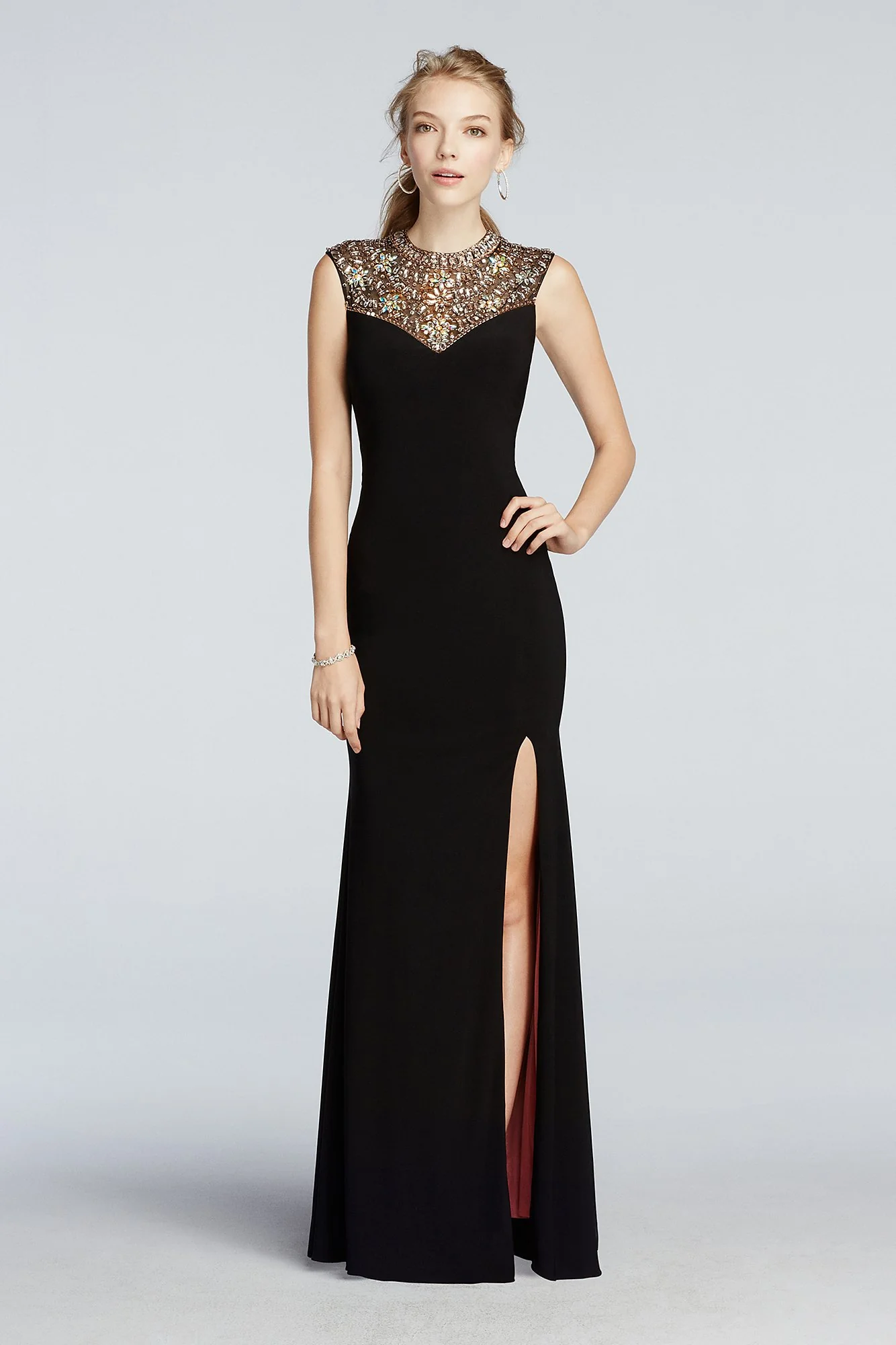 Beaded High Neck Tank Prom Dress with Side Slit