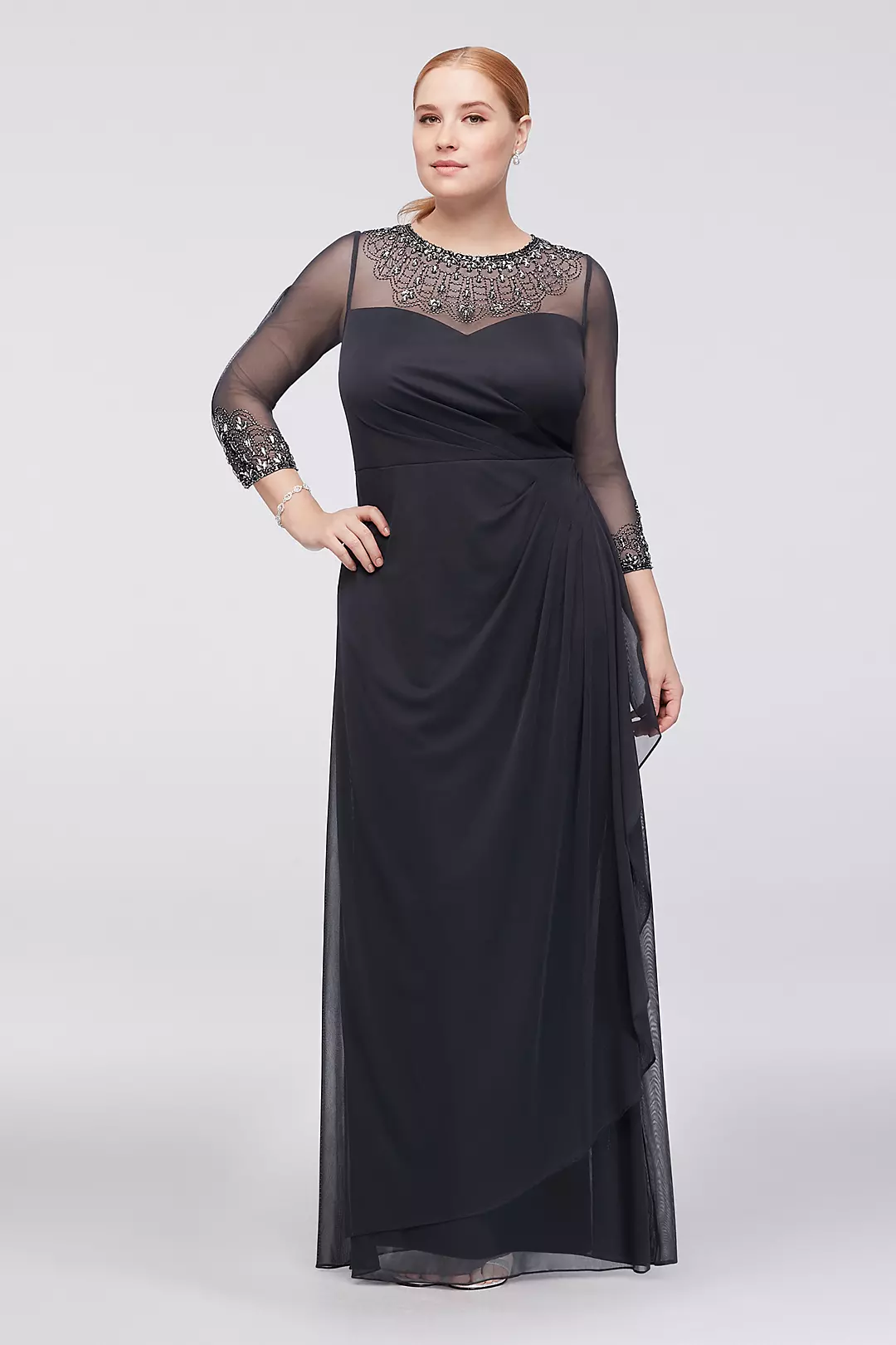 Beaded Illusion 3/4 Sleeve Mesh Plus Size Gown - Image 2