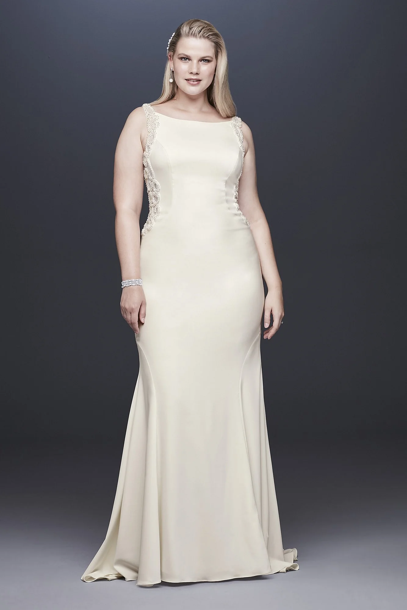 Beaded Illusion and Crepe Sheath Wedding Dress - Image 2