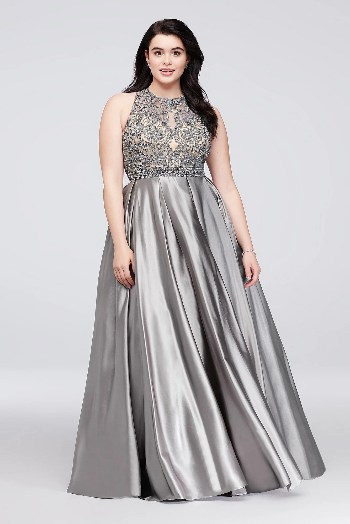 Beaded Illusion Satin Ball Gown with Keyhole Back - Image 3