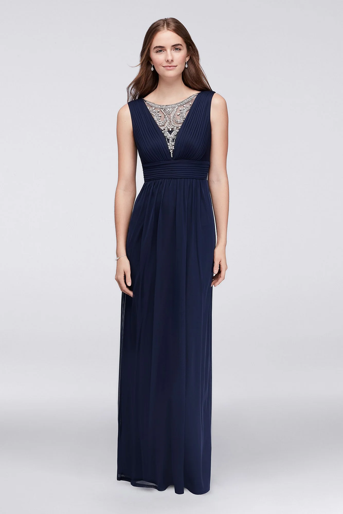 Beaded Inset Pleated Mesh Long Bridesmaid Dress - Image 4