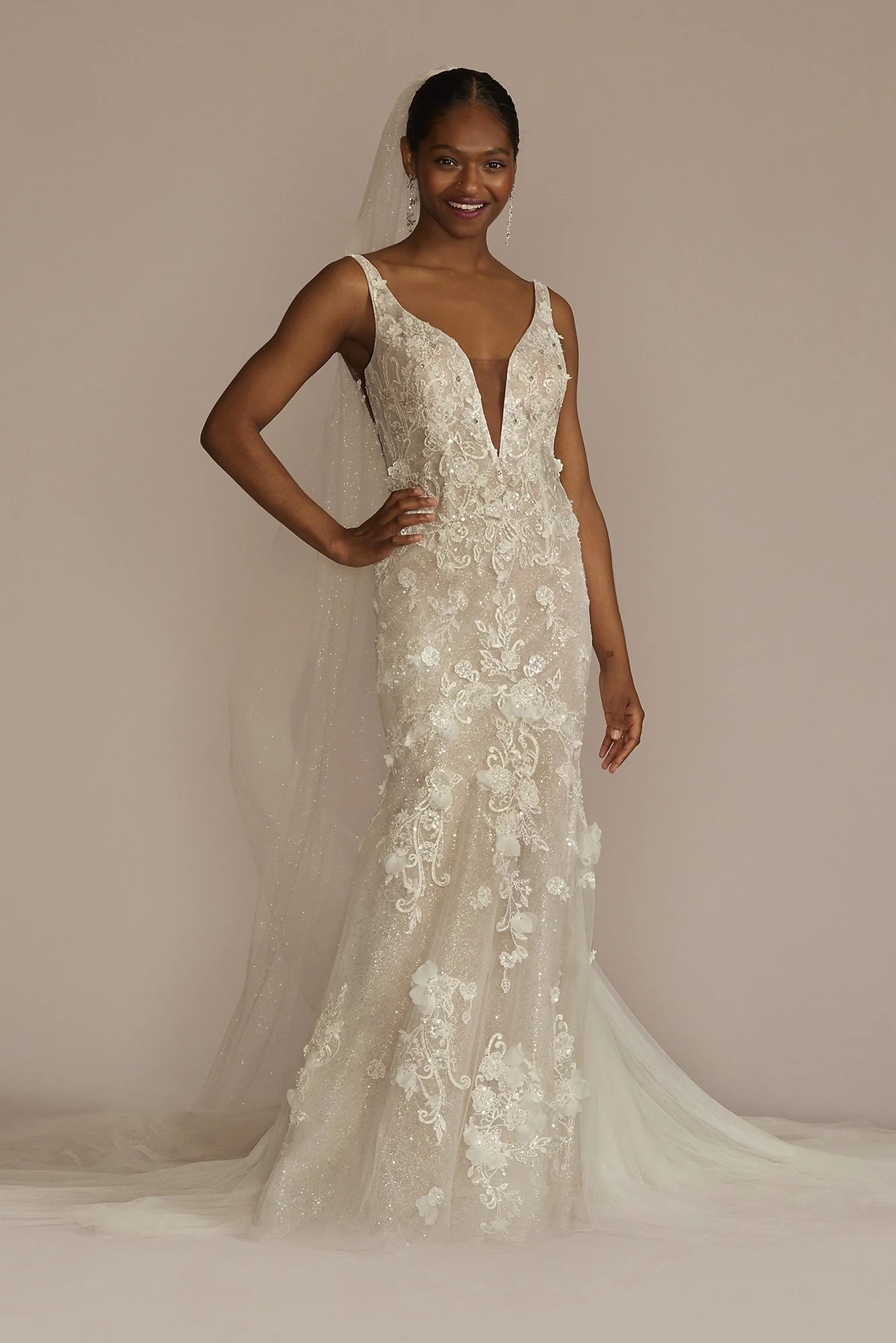 Beaded Lace 3D Floral Plunge Tulle Wedding Dress - Image 3
