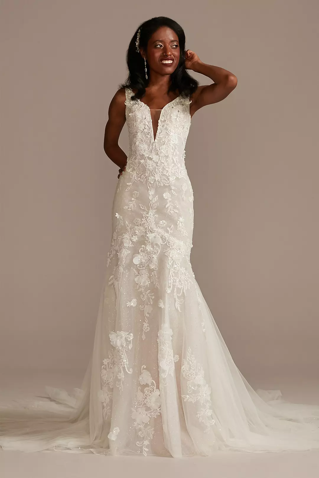 Beaded Lace 3D Floral Plunge Tulle Wedding Dress - Image 8
