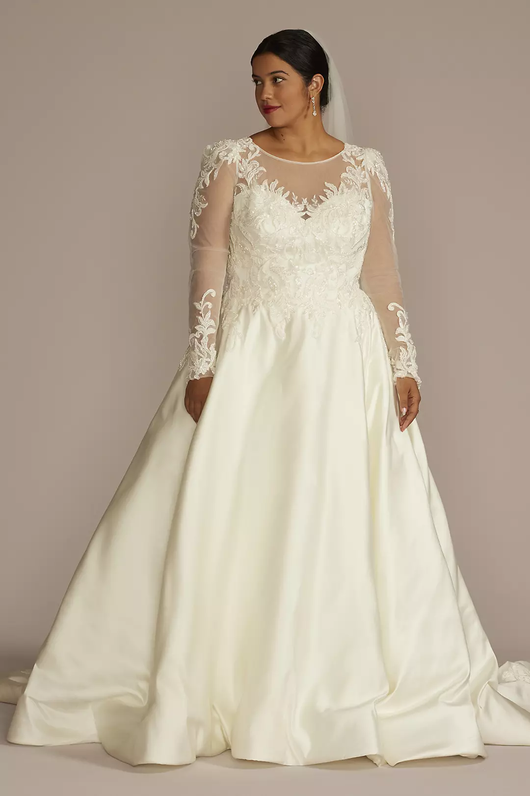 Beaded Lace and Satin Long Sleeve Wedding Dress - Image 4