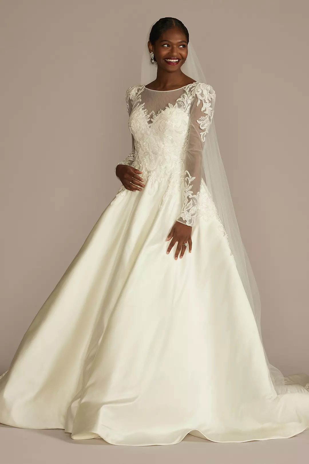 Beaded Lace and Satin Long Sleeve Wedding Dress - Image 9