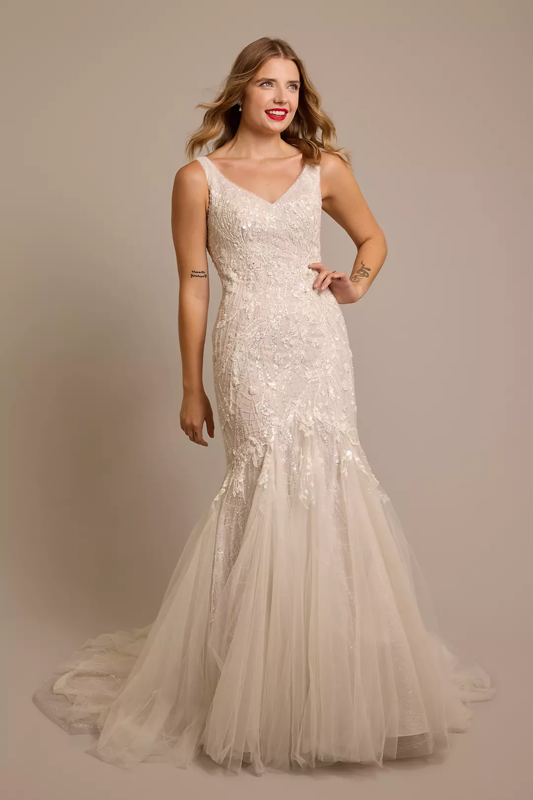 Beaded Lace Applique Tulle Mermaid Wedding Dress - Image 21