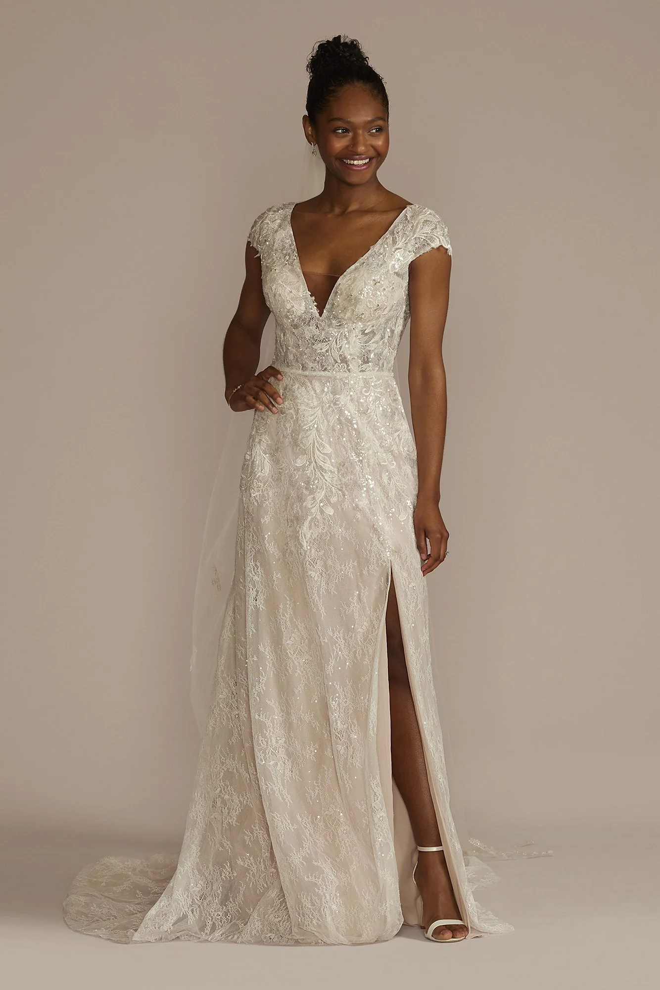 Beaded Lace Cap Sleeve Wedding Dress with Slit - Image 10