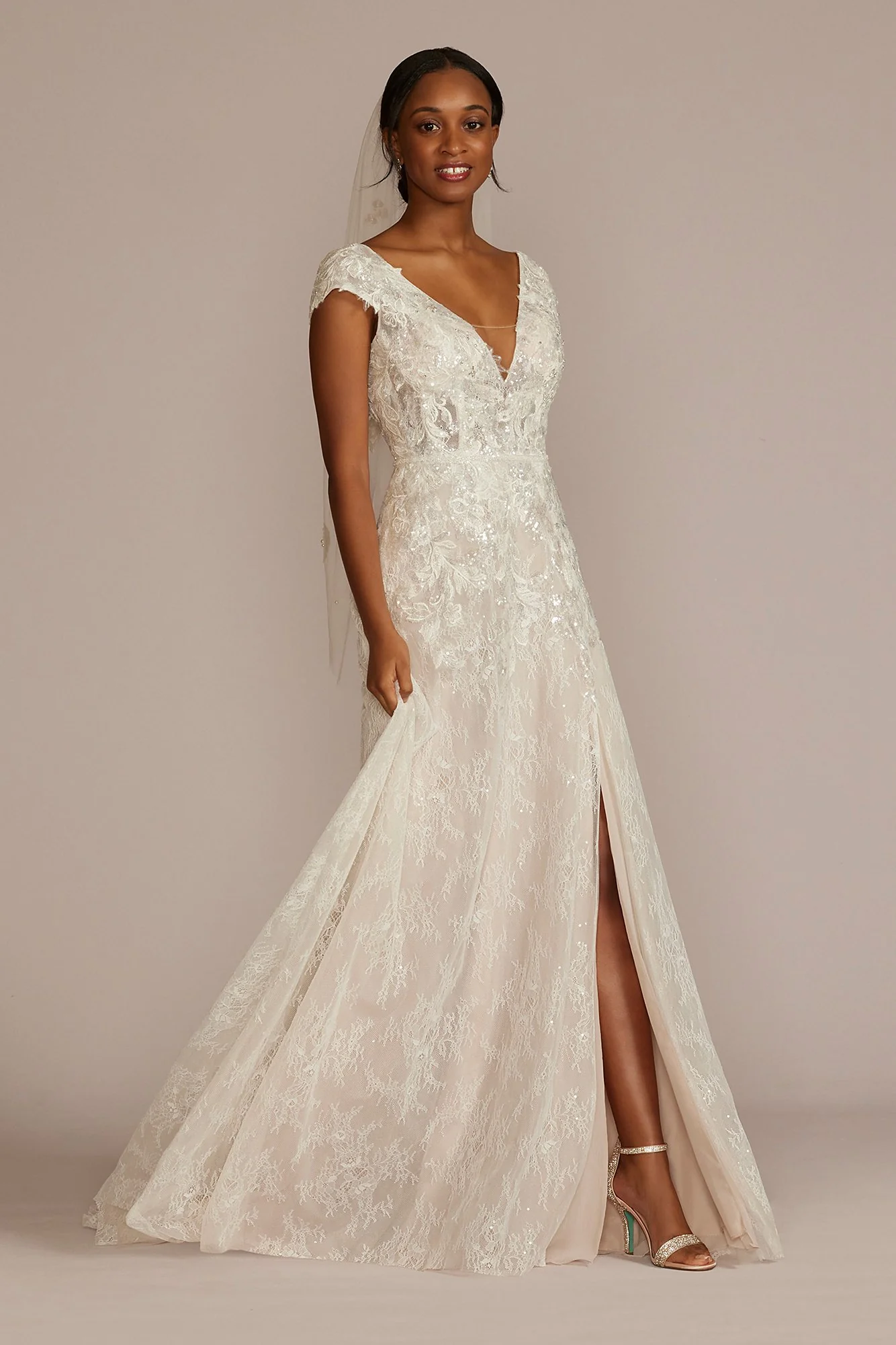Beaded Lace Cap Sleeve Wedding Dress with Slit - Image 16