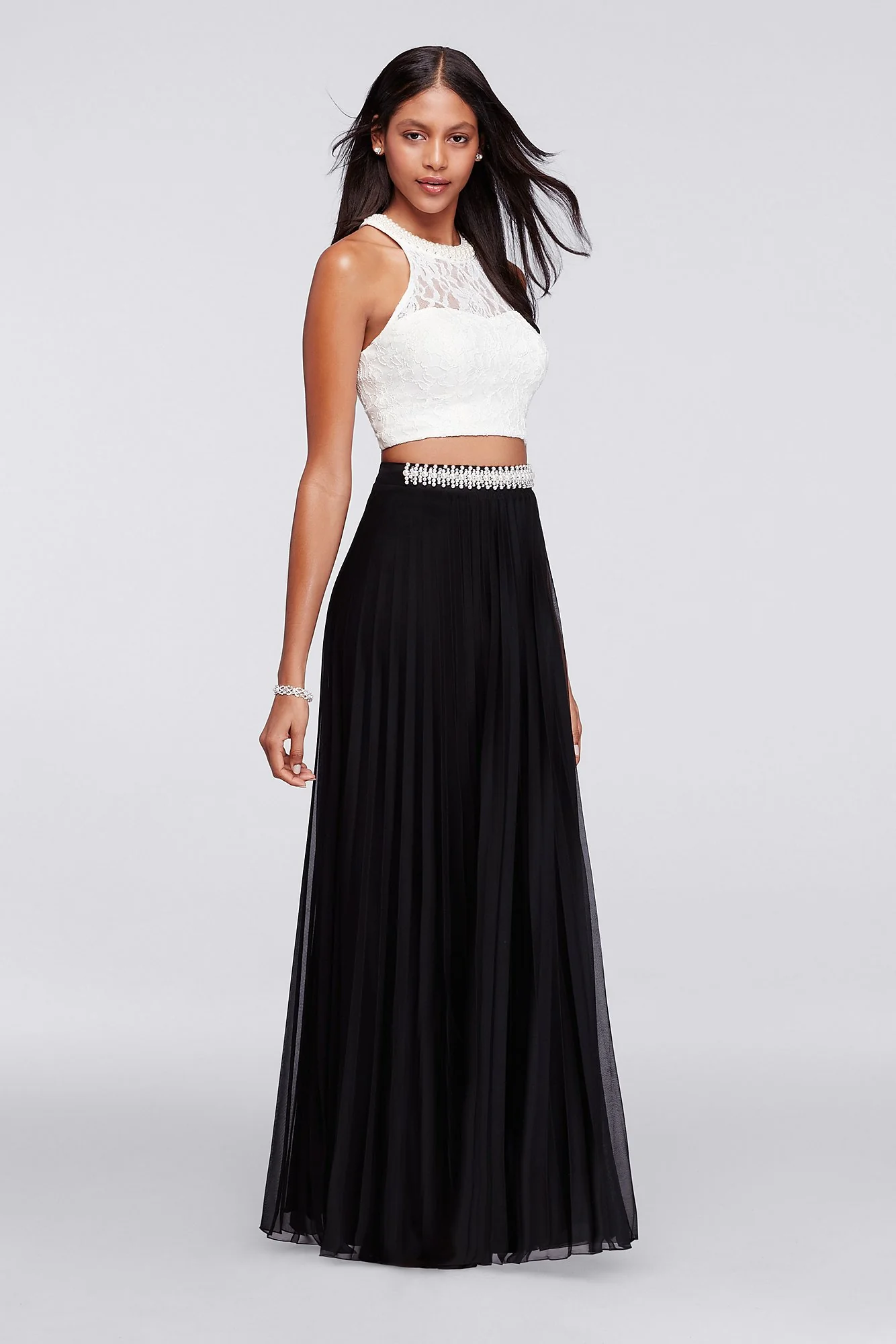 Beaded Lace Crop Top Set with Long Skirt